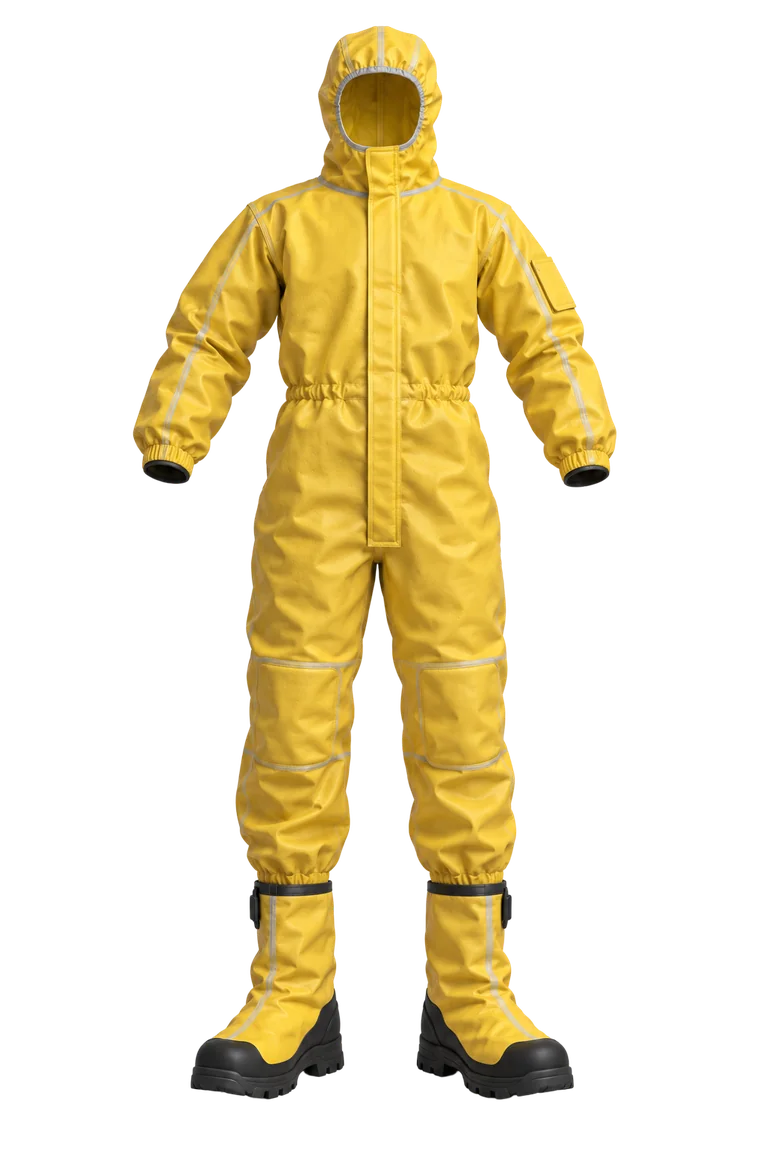 Combinaison jaune à capuche et bottes pour l’intervention sur site nucléaire