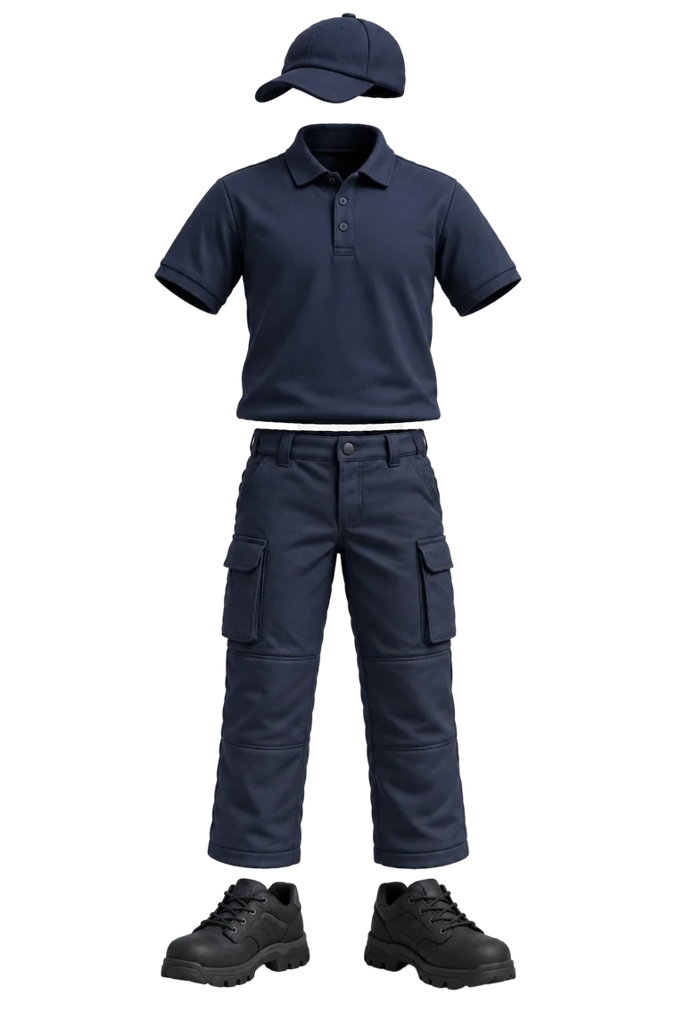 Tenue de propreté tertiaire : polo marine, pantalon de travail et chaussures de sécurité