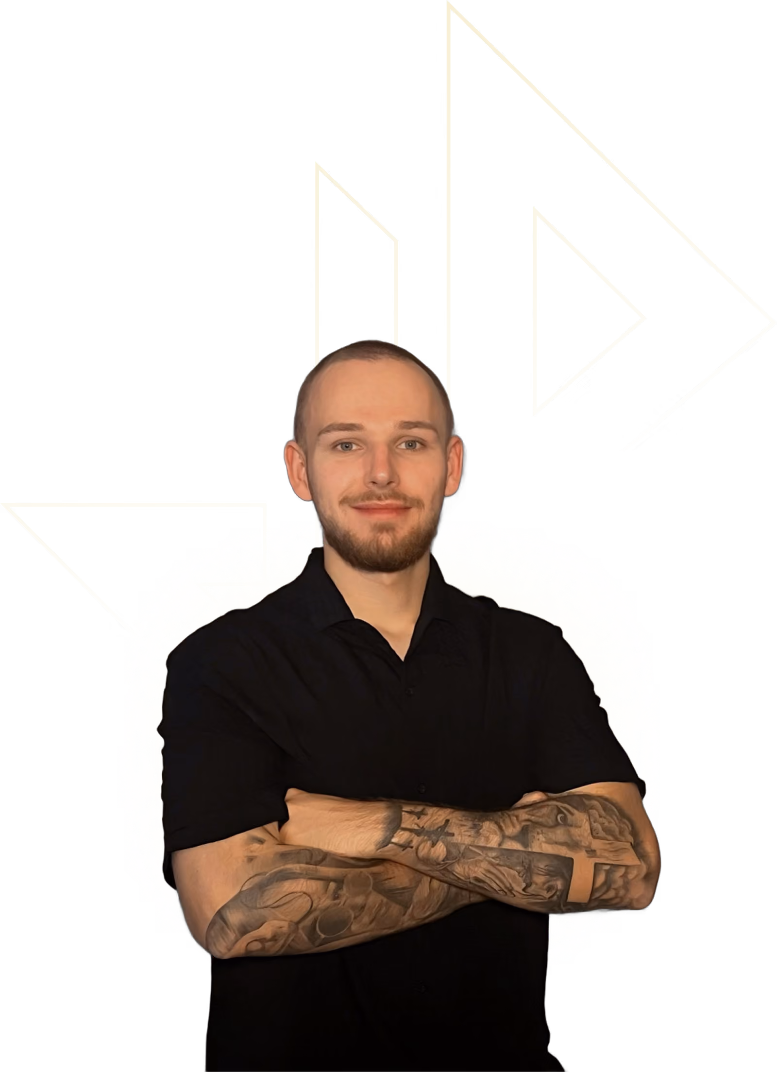 Janick Derigs Portrait mit Logo im Hintergrund