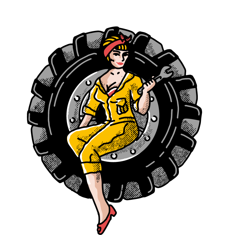 Tru-test mascot illustration seated on a stack of tires