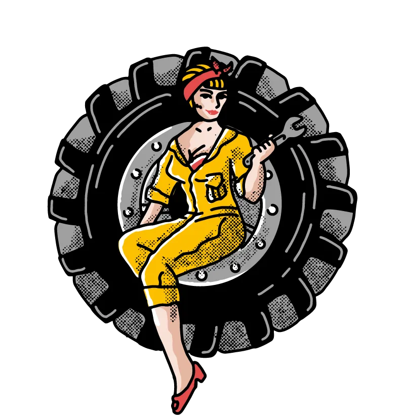 Tru-test mascot illustration seated on a stack of tires