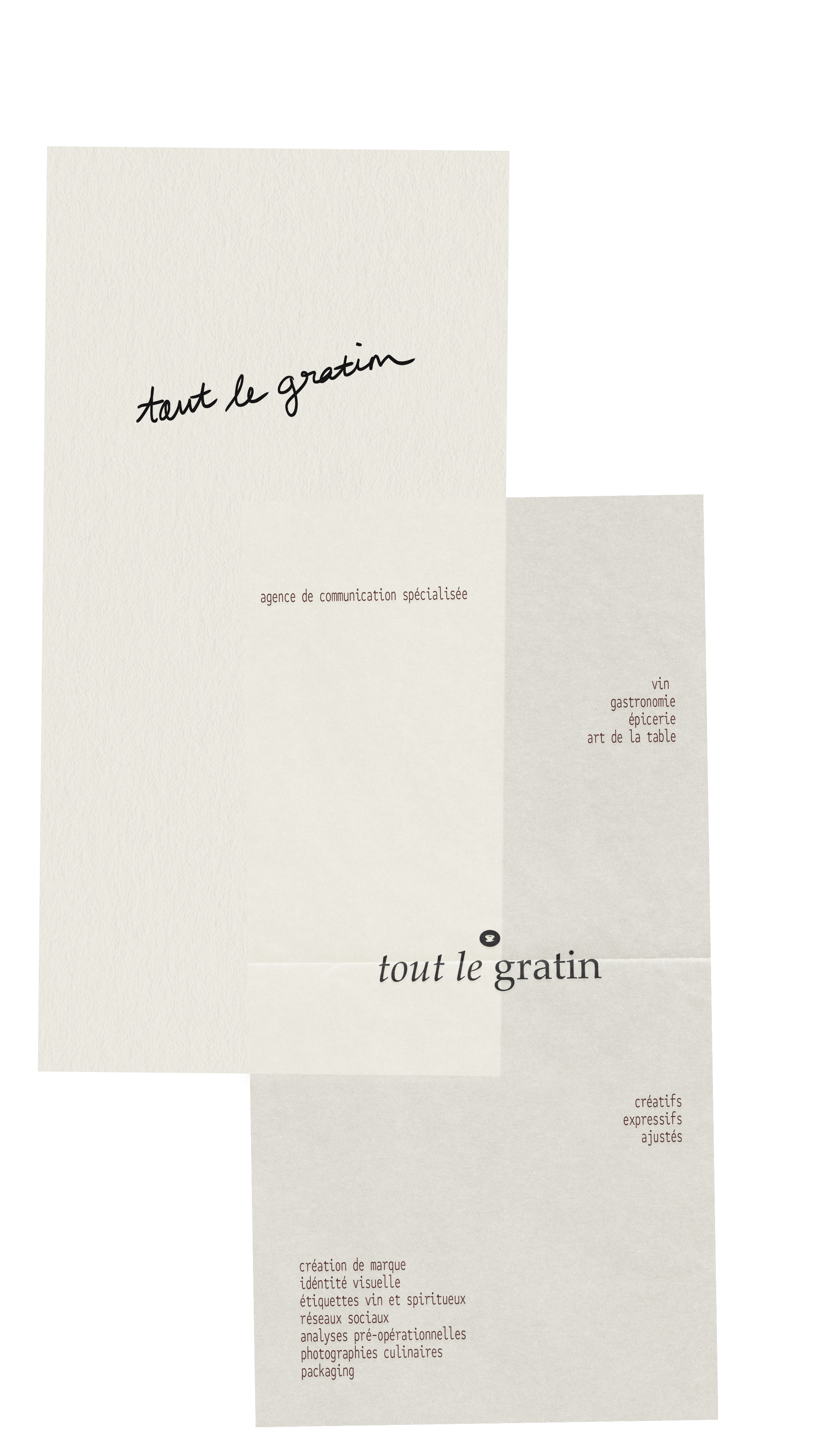 Papier avec texte en français décrivant une agence de communication spécialisée en vin et gastronomie.
