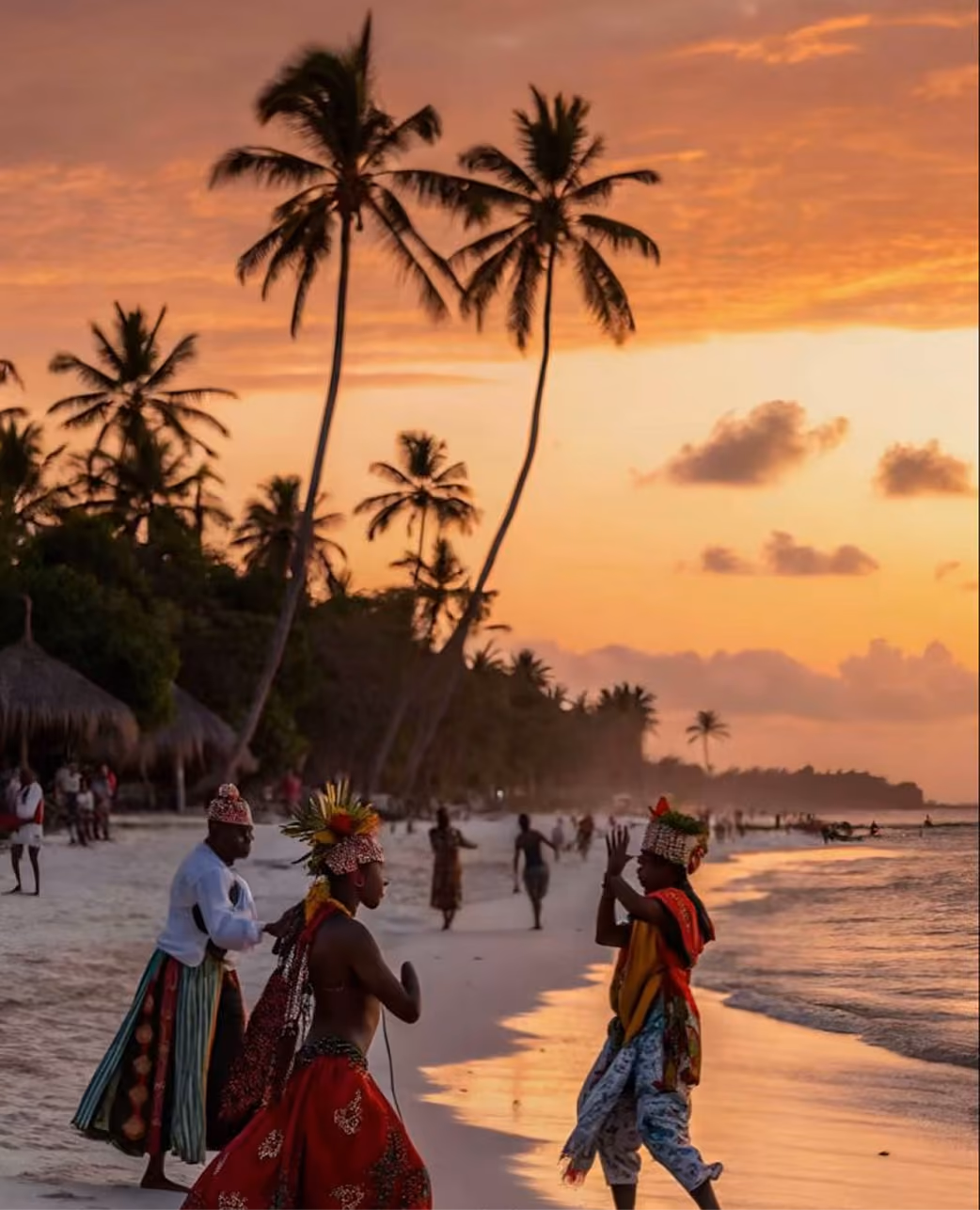 People in traditional attire dancing on a palm tree-lined beach at sunset with orange sky and waves.