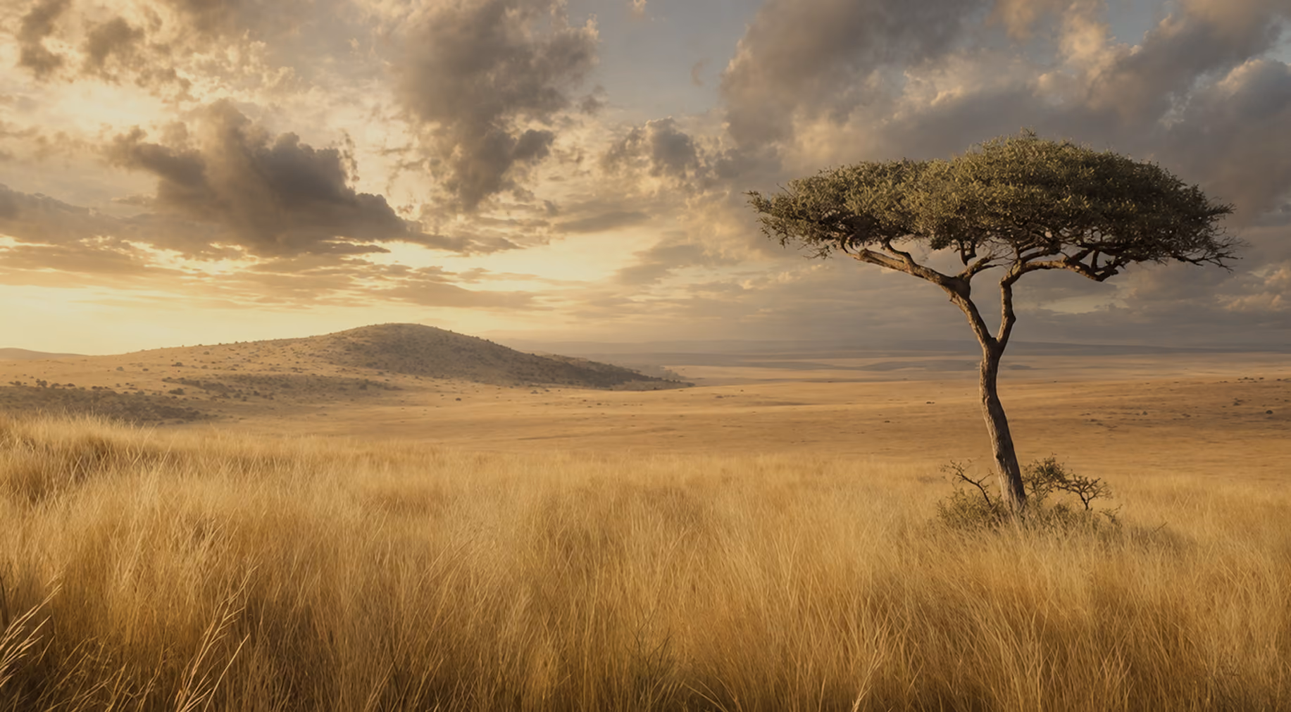 Lone acacia tree in a vast golden savanna under a cloudy sunset sky.