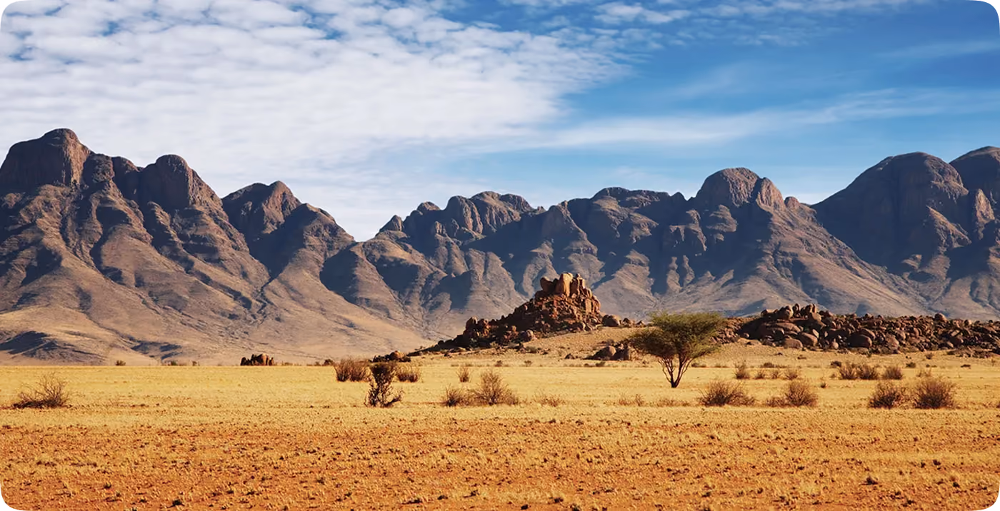 Dry desert landscape with sparse bushes and rocky mountains under a partly cloudy blue sky.
