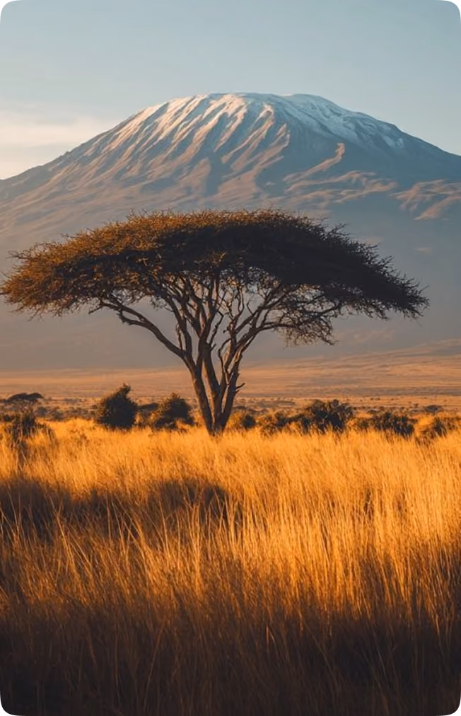 Acacia tree standing alone in sunlit golden grass with snow-capped Mount Kilimanjaro in the background.
