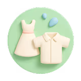 Ícono de cuidado de ropa con un vestido blanco y una camisa blanca sobre un fondo verde claro.
