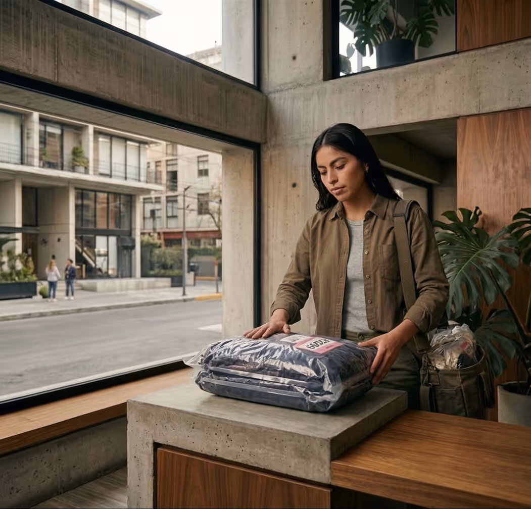 Mujer en interior junto a ventana grande sostiene paquete de ropa envuelta en plástico.