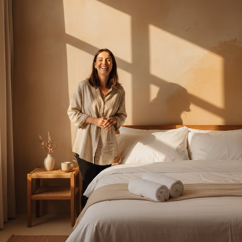 Mujer sonriente de pie junto a una cama con sábanas blancas, toallas enrolladas y mesita de noche con florero y taza.