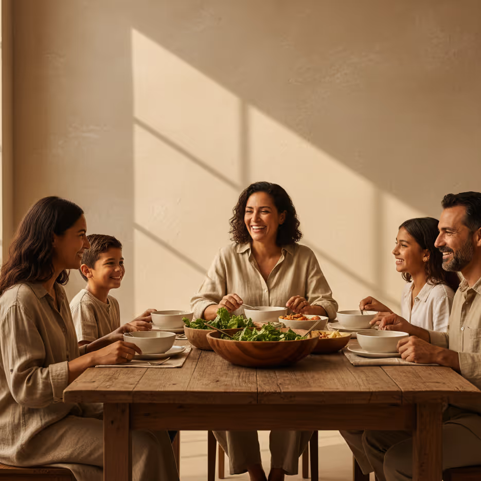 Familia sonriente compartiendo una comida saludable con ensalada en un comedor iluminado por luz natural.
