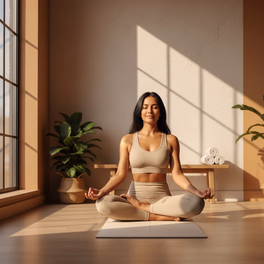 Mujer sentada en posición de loto meditando en una habitación luminosa con plantas y toallas enrolladas.