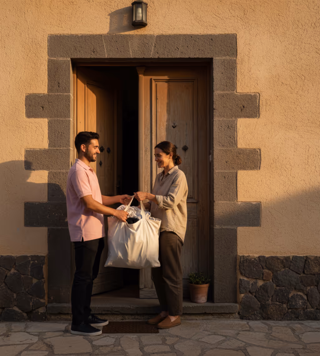 Un hombre entrega una bolsa blanca a una mujer frente a la puerta de una casa al atardecer.