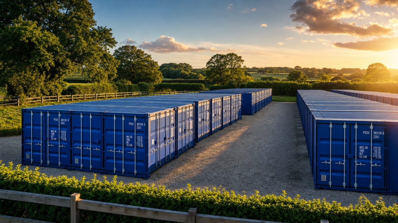 Wide golden hour view of the VKS Containers self storage site near Mildenhall, rows of steel containers along a gravel roadway