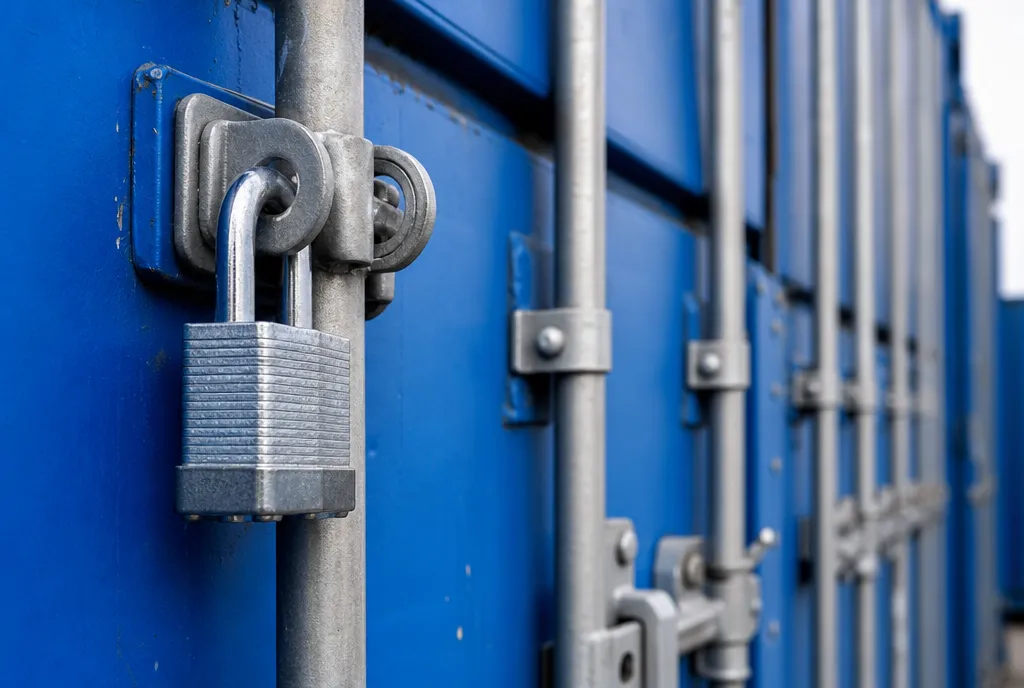 Padlock and locking bar detail on a container door