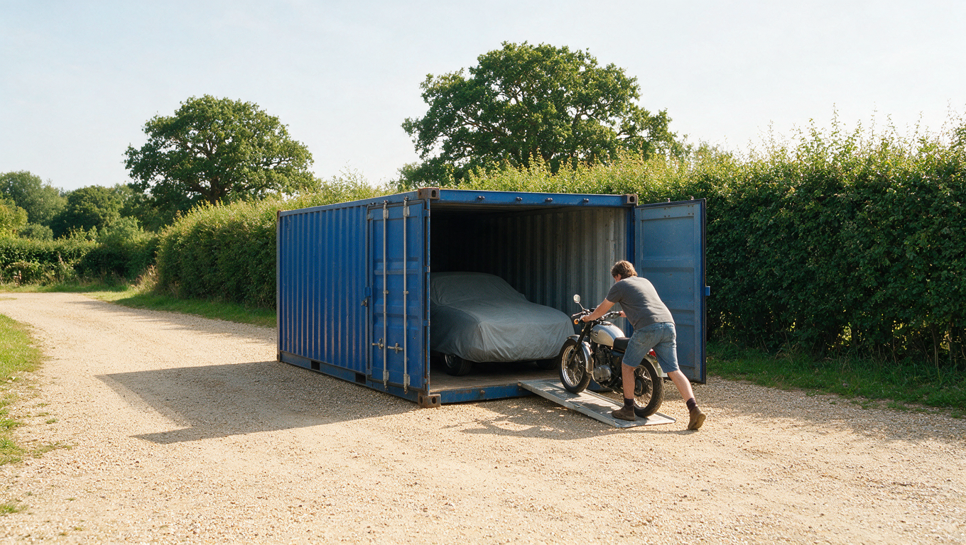 Motorbike being wheeled into a container beside a covered classic car