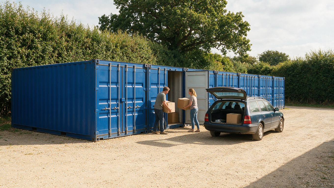Couple carrying boxes into a storage container from their car