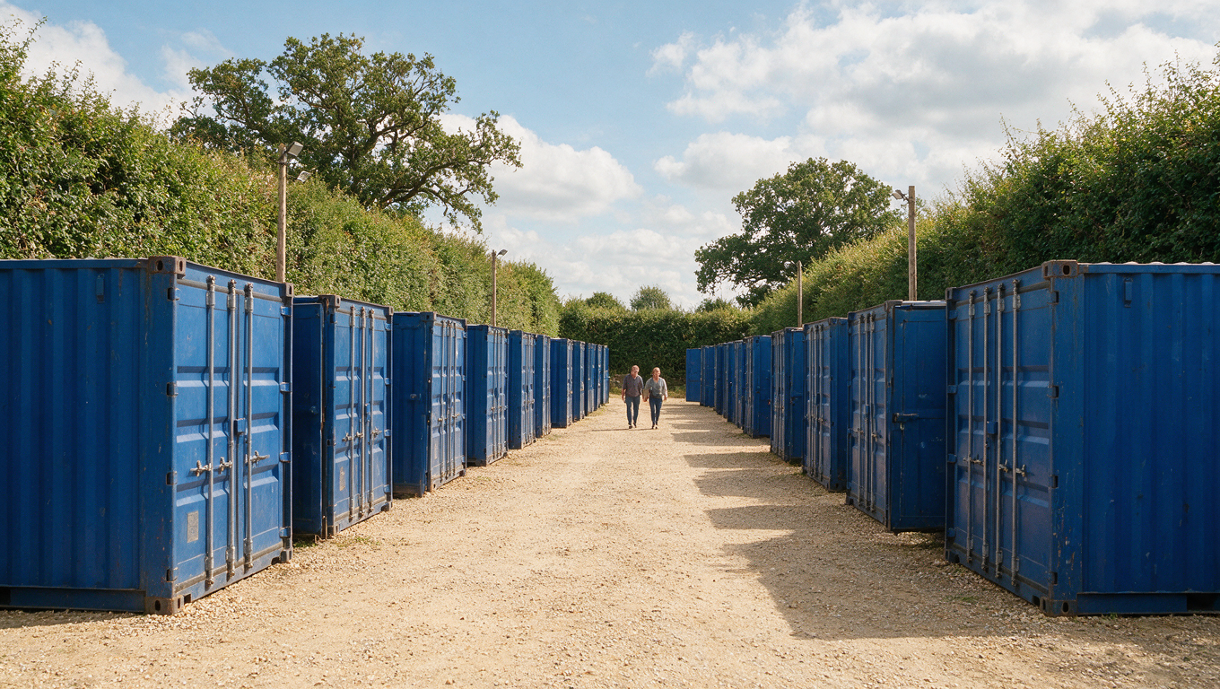 Looking down the gravel roadway between two rows of blue storage containers