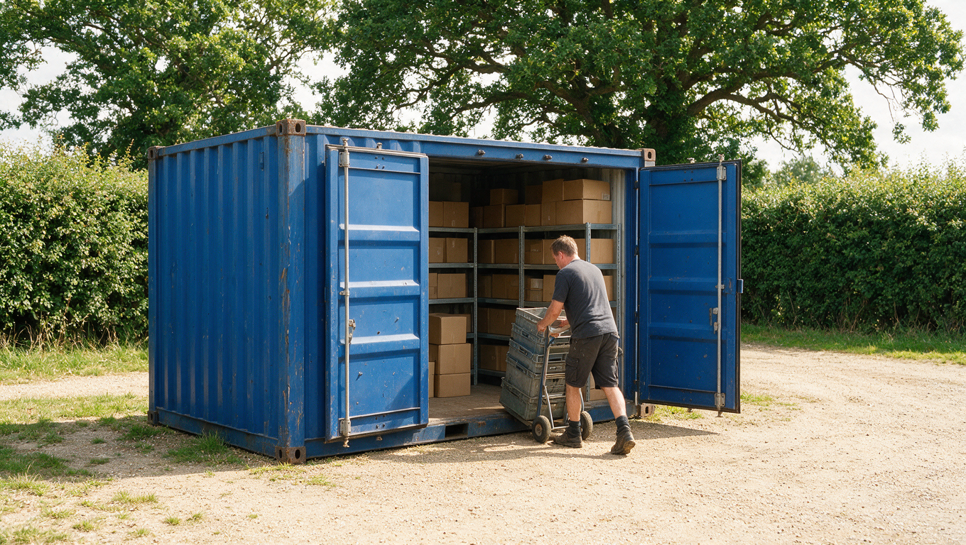 Man wheeling stock crates on a sack truck into a shelved storage container