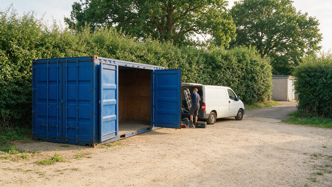 Tradesman unloading a ladder from his van at a storage container