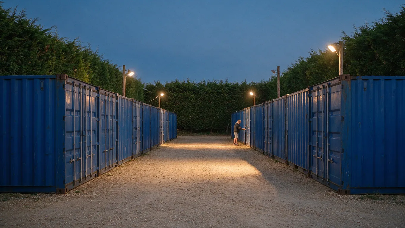 Container roadway lit by flood lighting at dusk