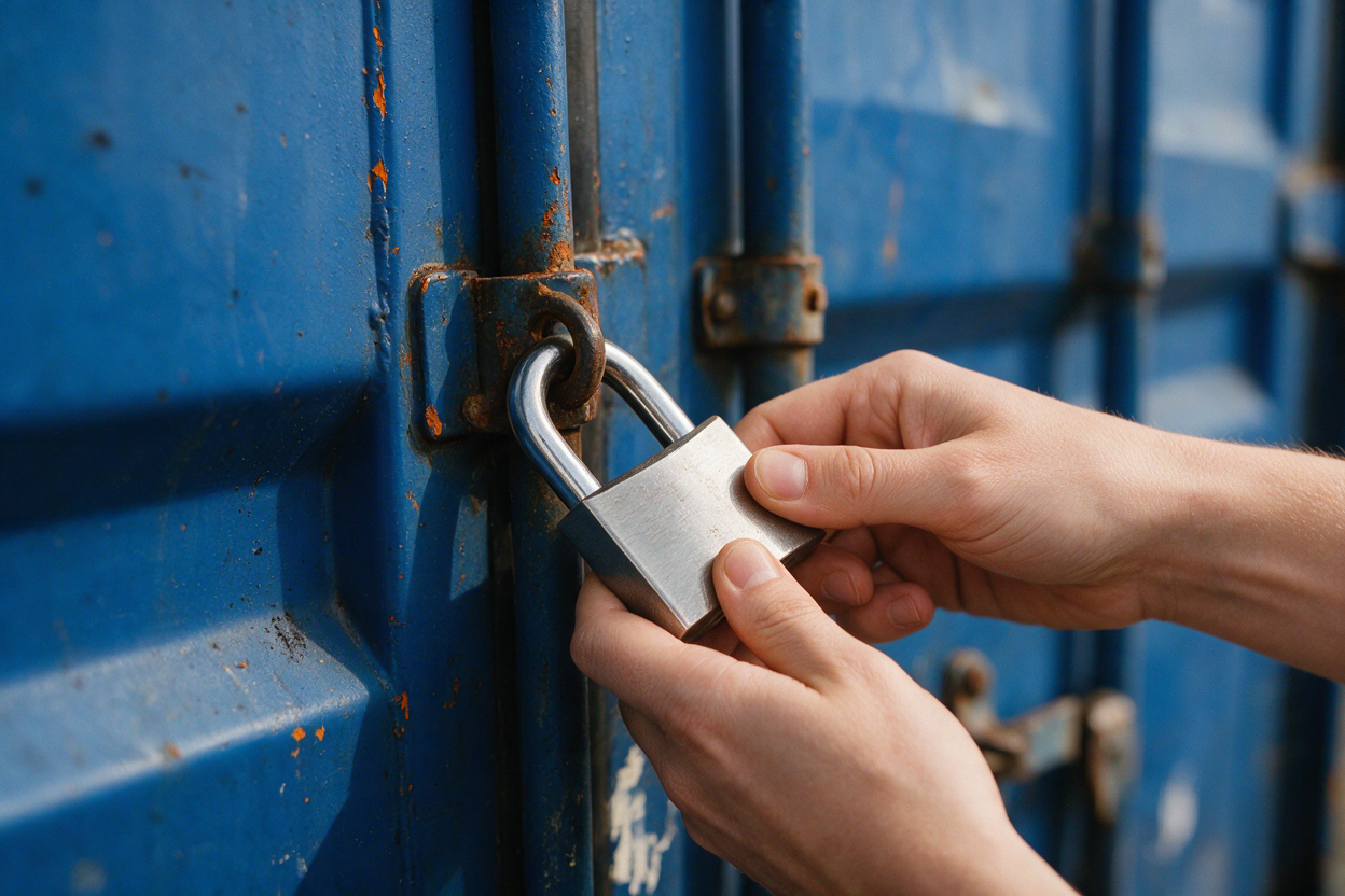 Close up of a hand closing a padlock on a container locking bar