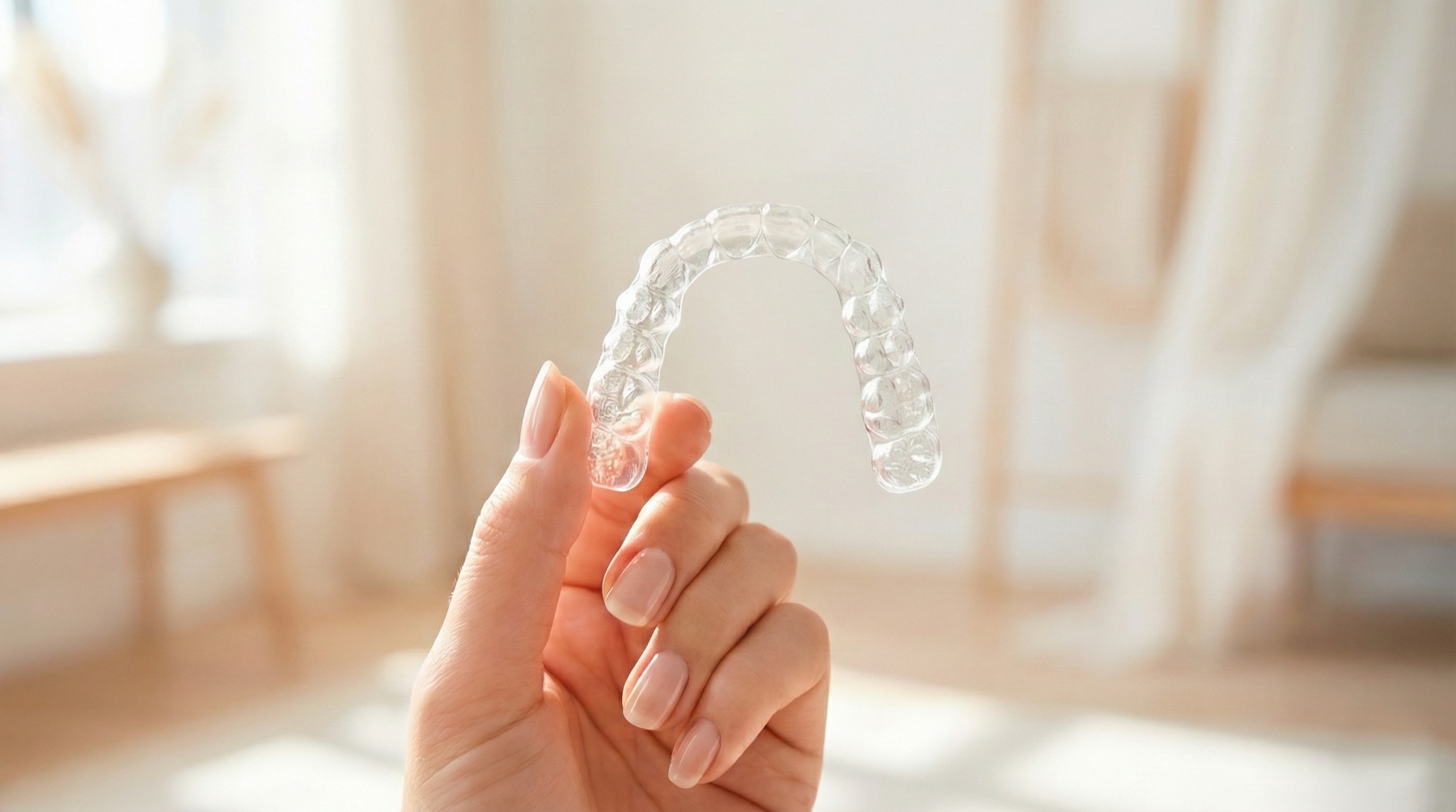 Clear Invisalign aligner held in a bright dental setting