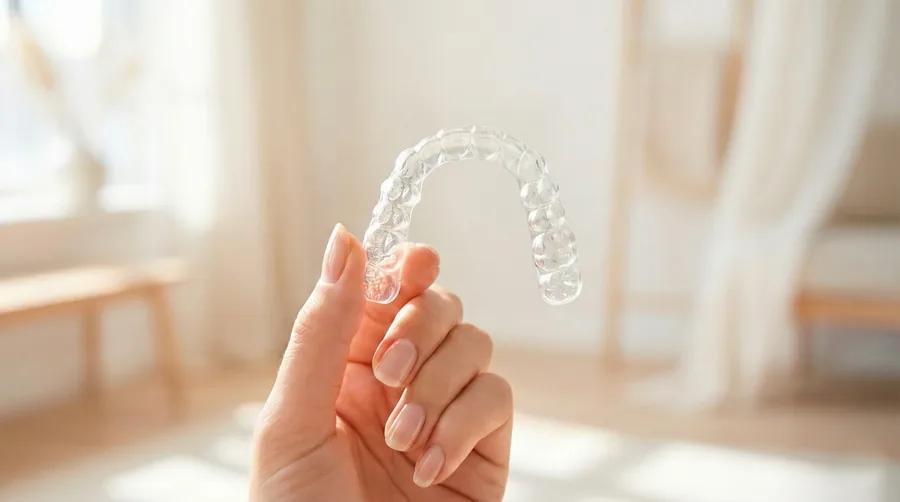 Clear Invisalign aligner held in a bright setting