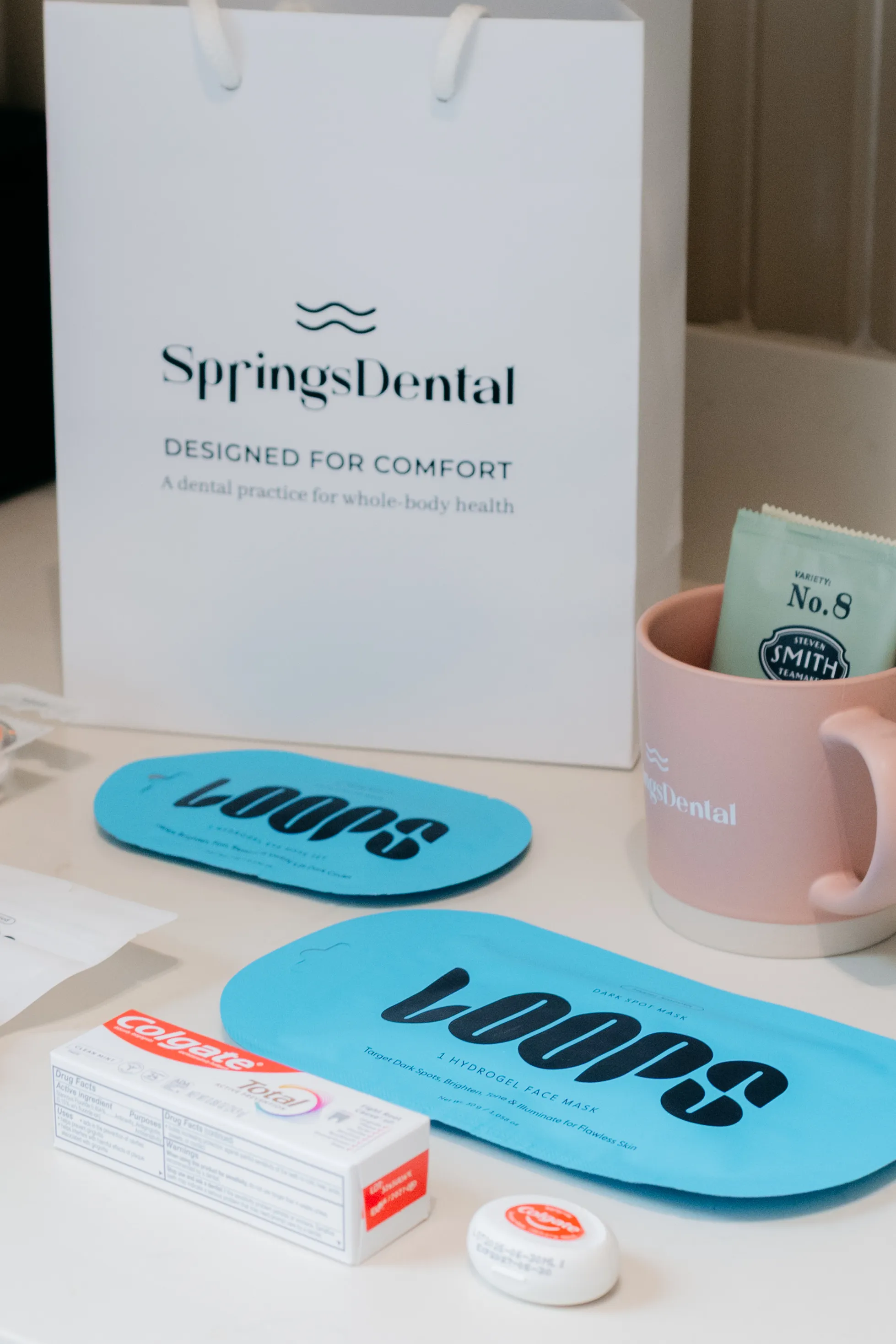 Springs Dental comfort menu with tea and self-care items