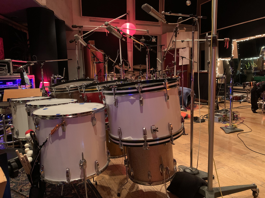 Drum kit prepared by drum tech Jerry Johnson