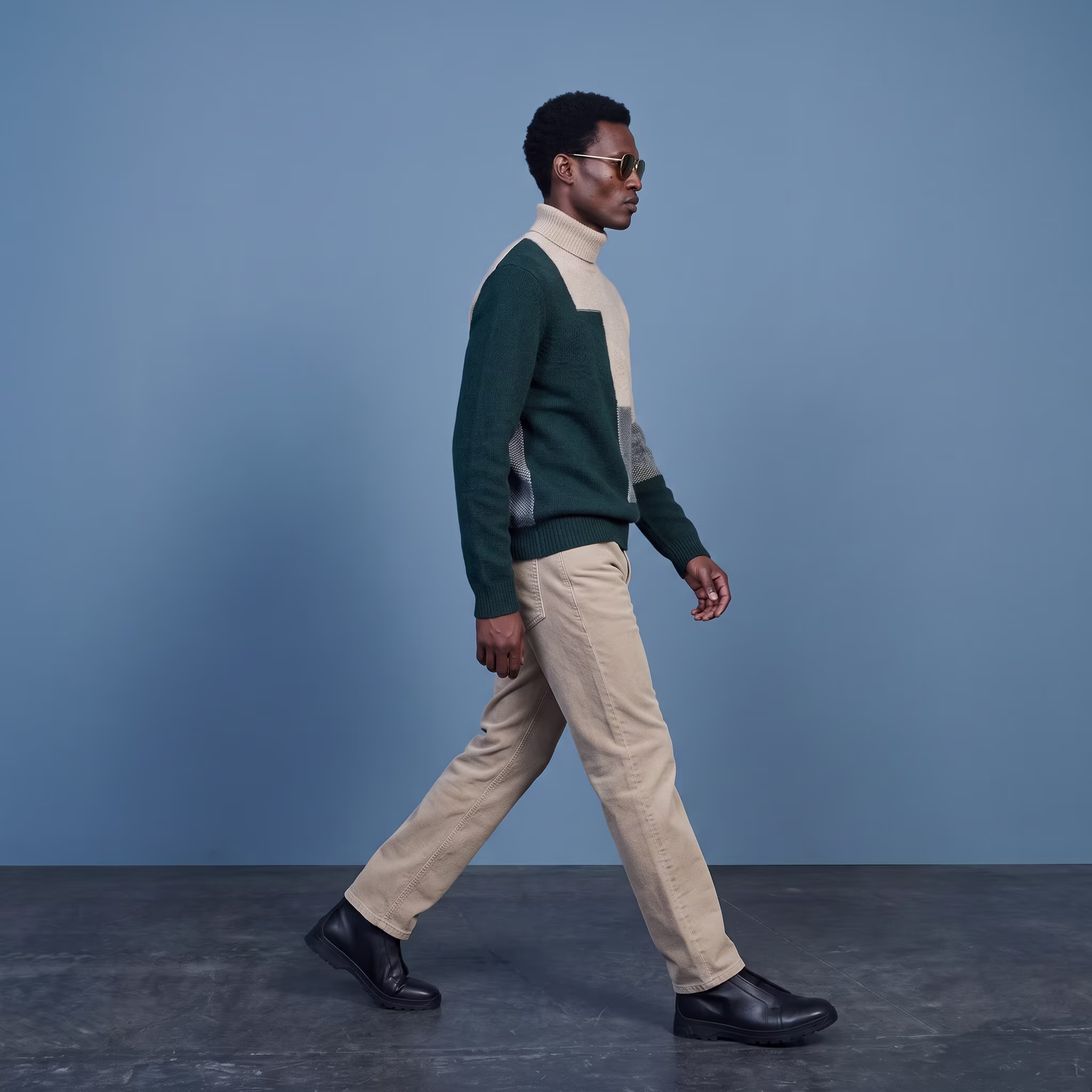Man in sunglasses walking, wearing a green and beige turtleneck sweater, beige pants, and black boots.