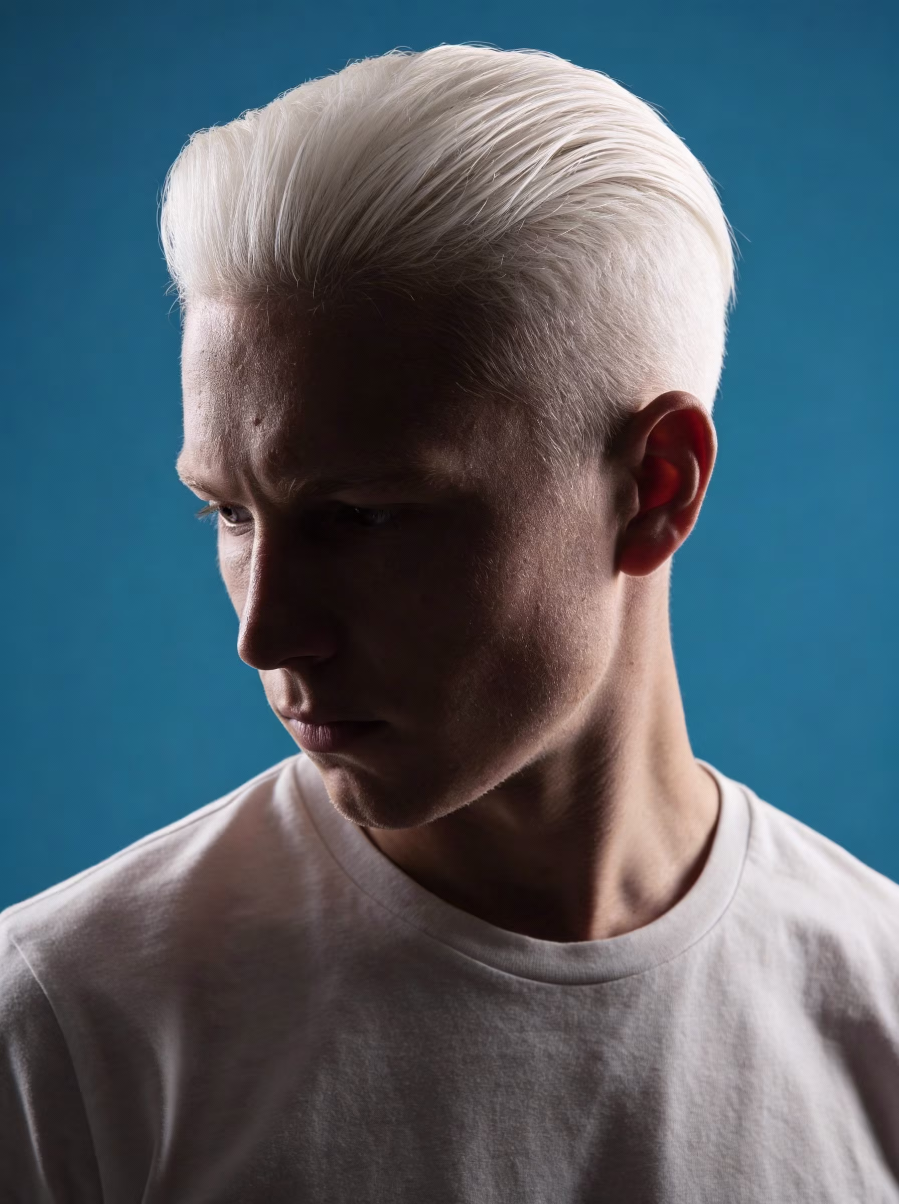 Young man with platinum blonde hair wearing a white shirt looking left against a blue background.
