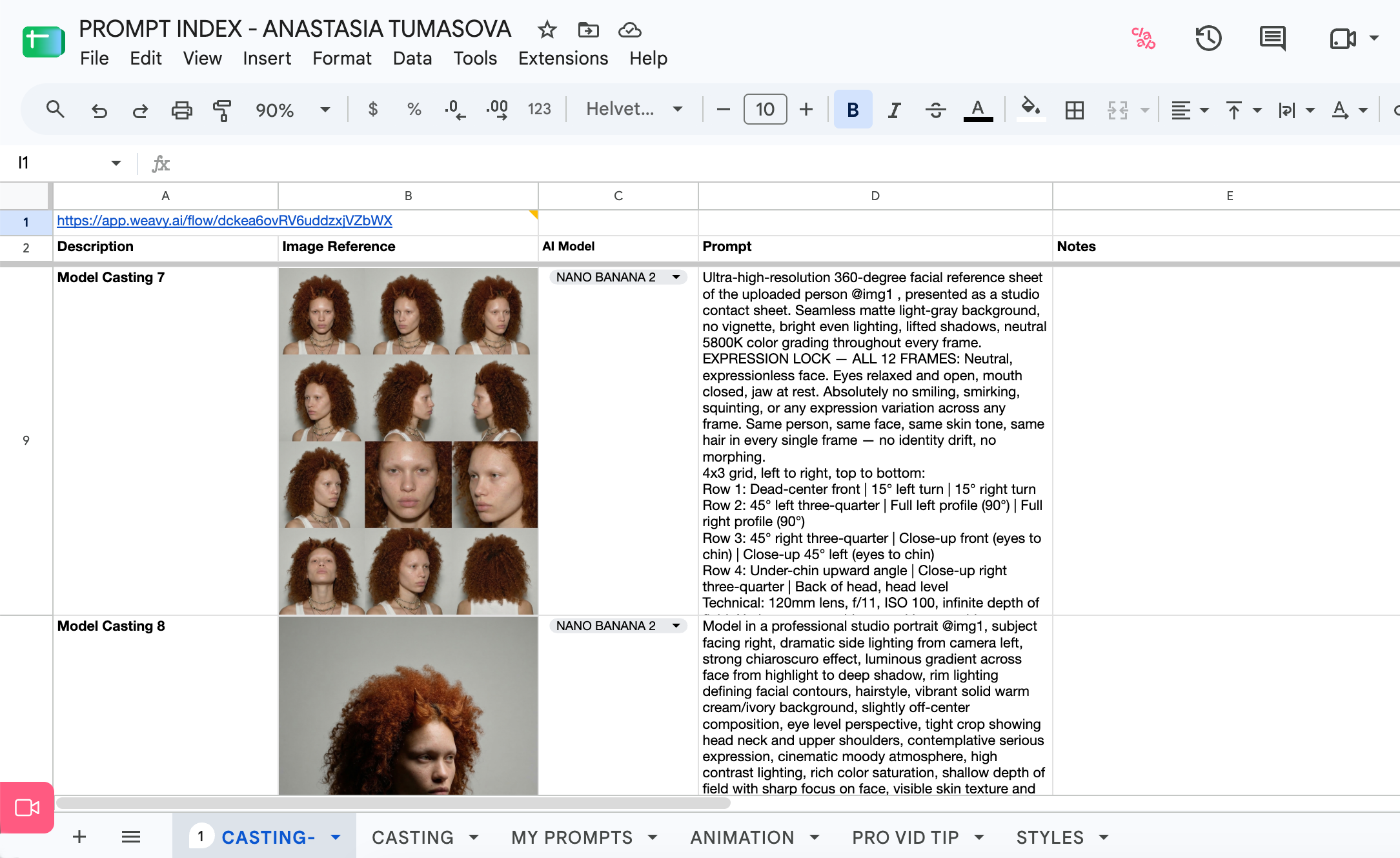 Spreadsheet showing model casting info with photo grid of a woman with curly red hair and detailed prompts.