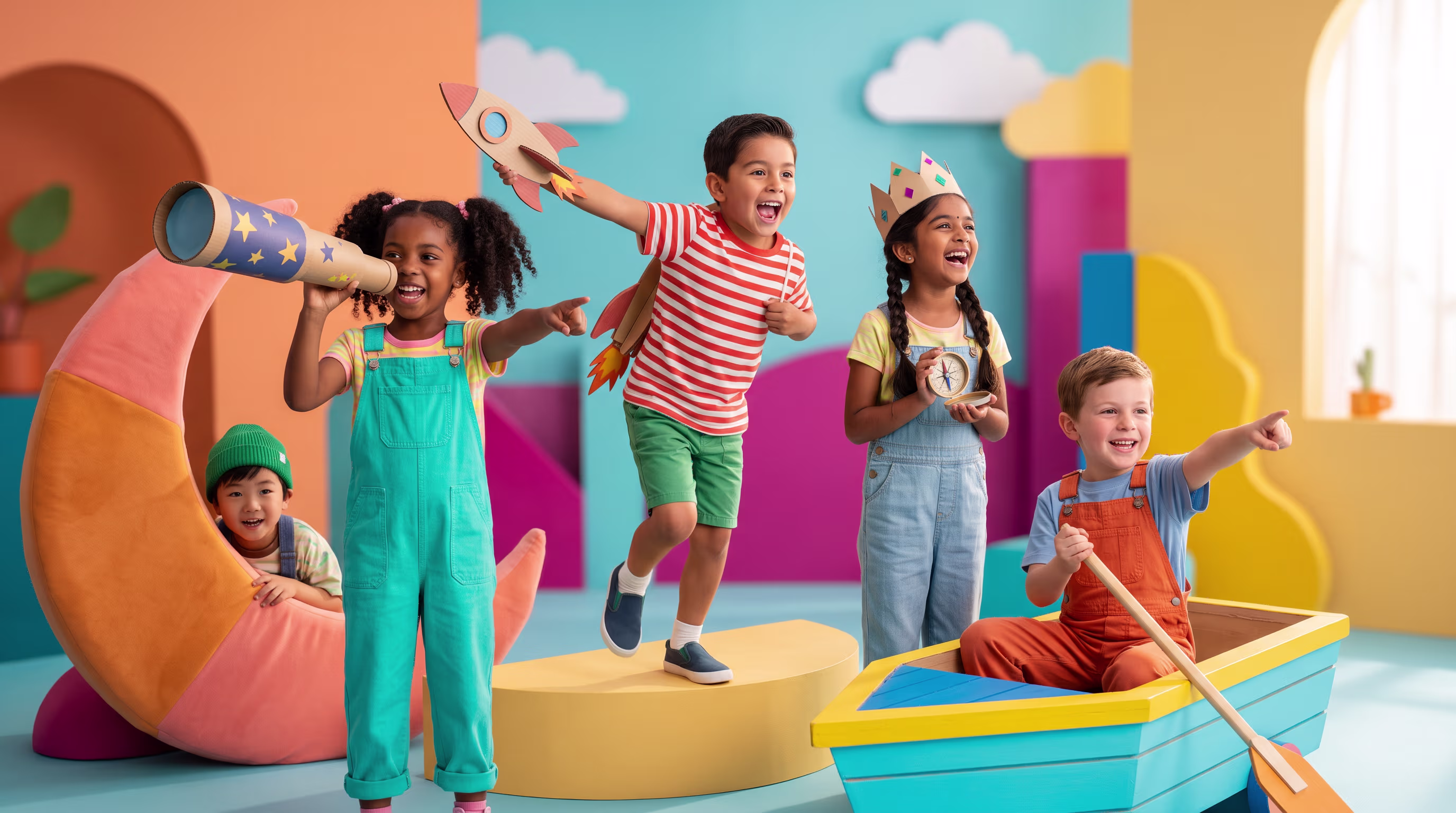 Happy children playing pretend with a toy boat, telescope, rocket crafts, and paper crown indoors.