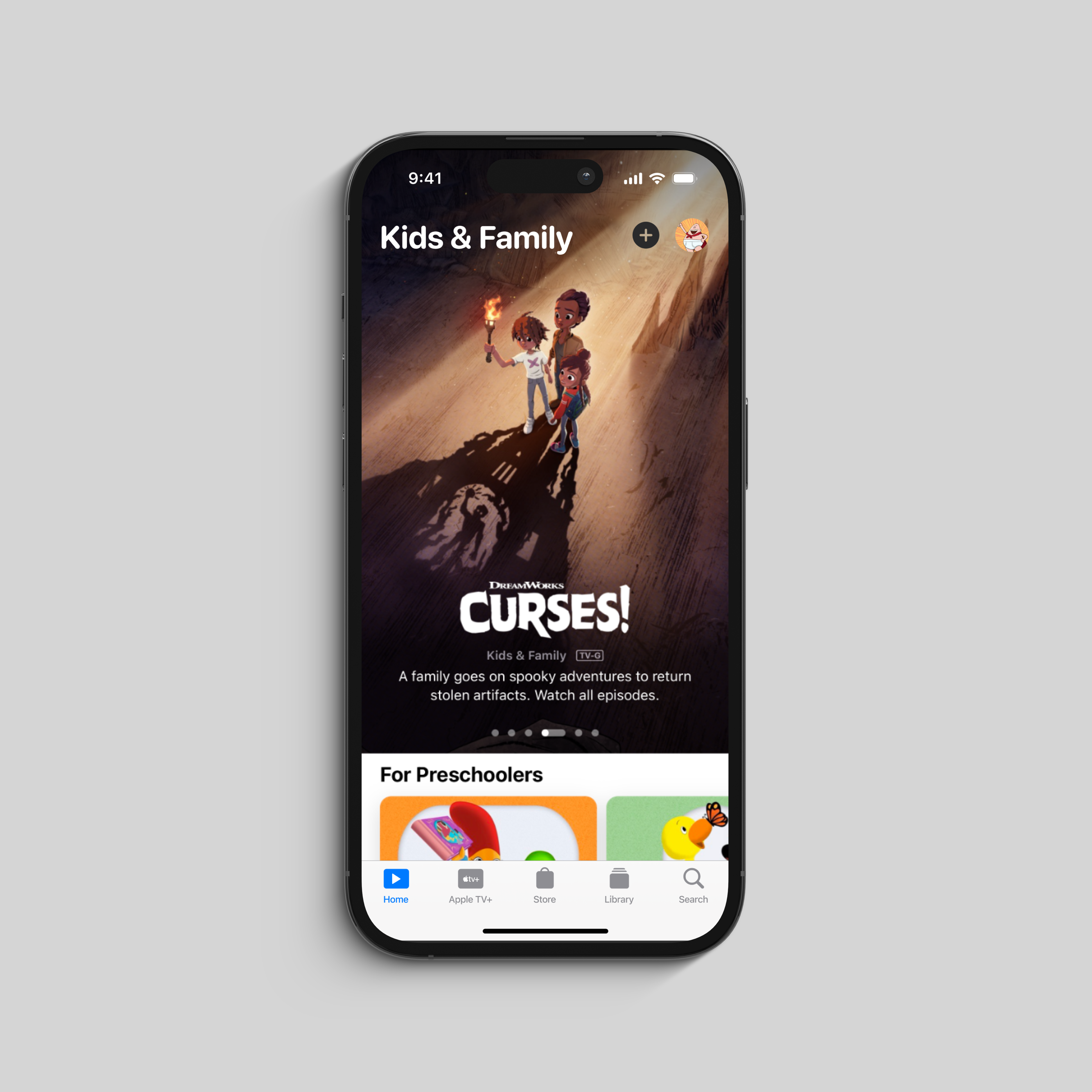 Apple TV app screen showing 'Curses!' with kids holding a torch and cast shadows on the wall.