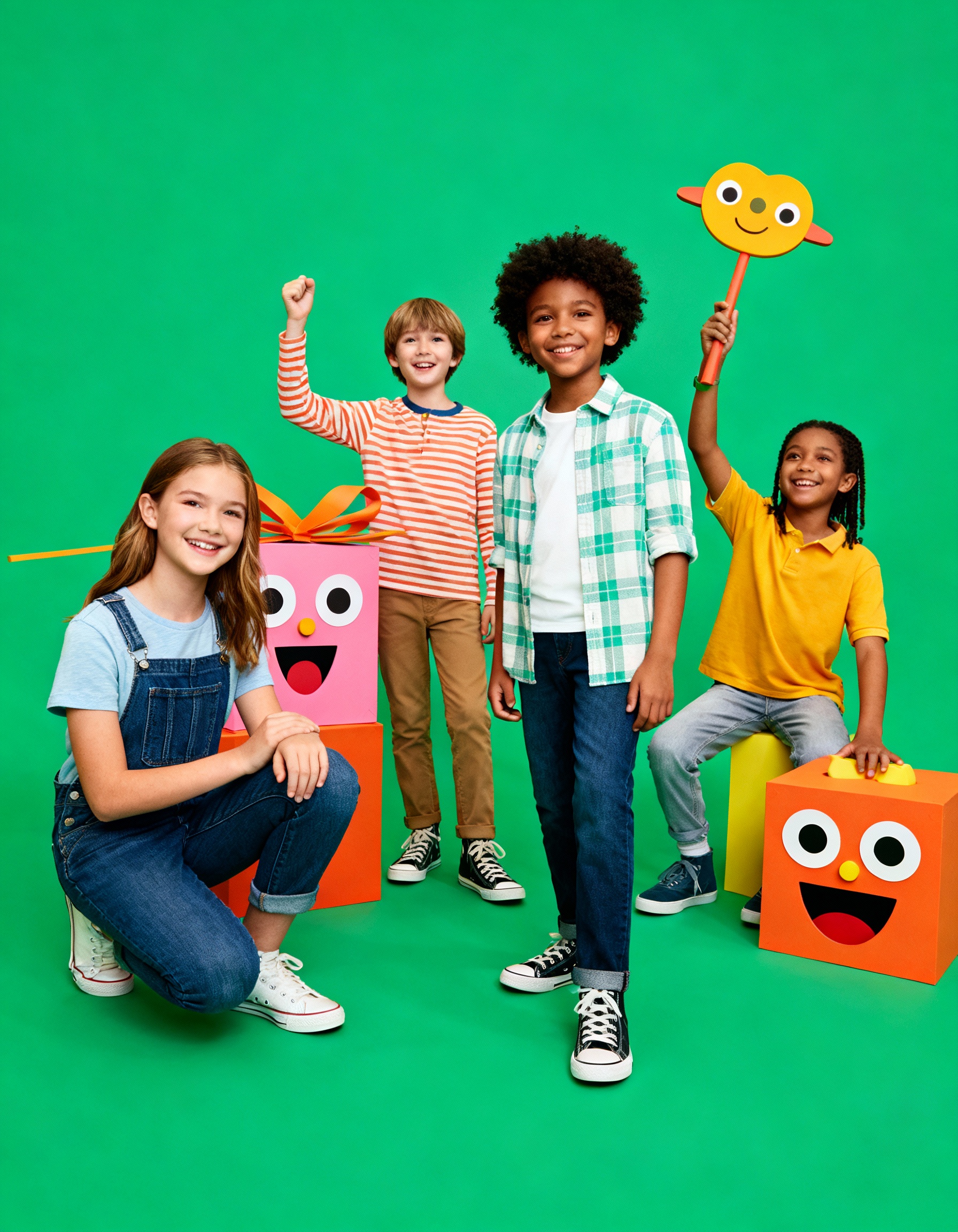 Four happy kids with colorful smiling gift boxes on green background, one holding a cheerful face sign.