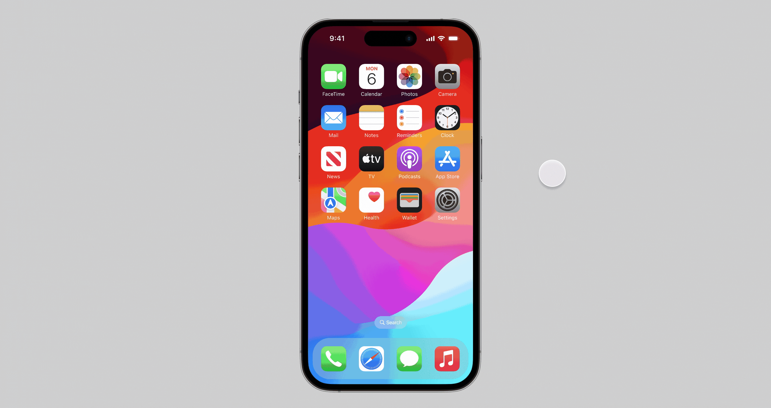 iPhone 14 Pro showing home screen with default apps and colorful abstract wallpaper background.