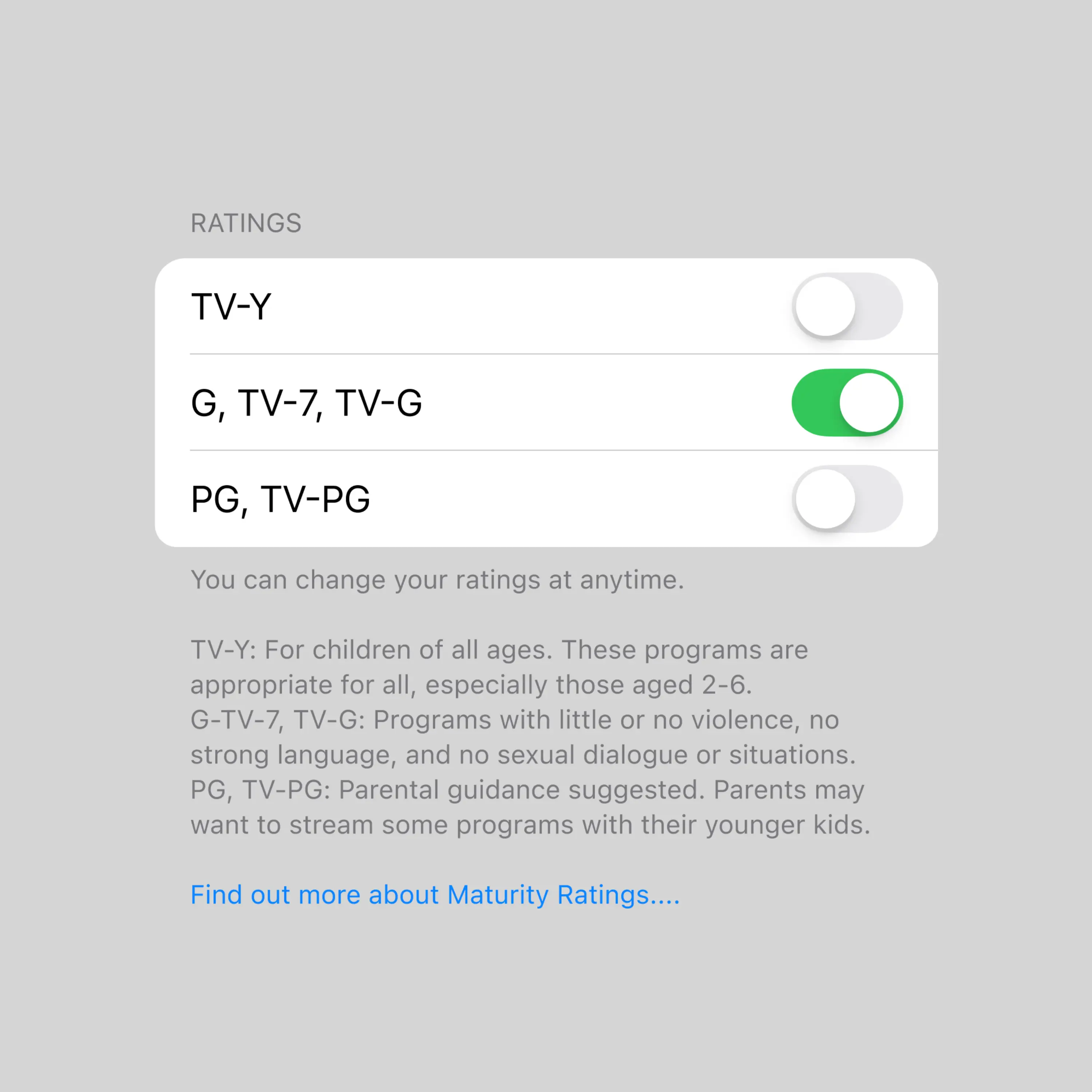 Screen showing TV content ratings settings with G, TV-7, TV-G toggled on and others off.