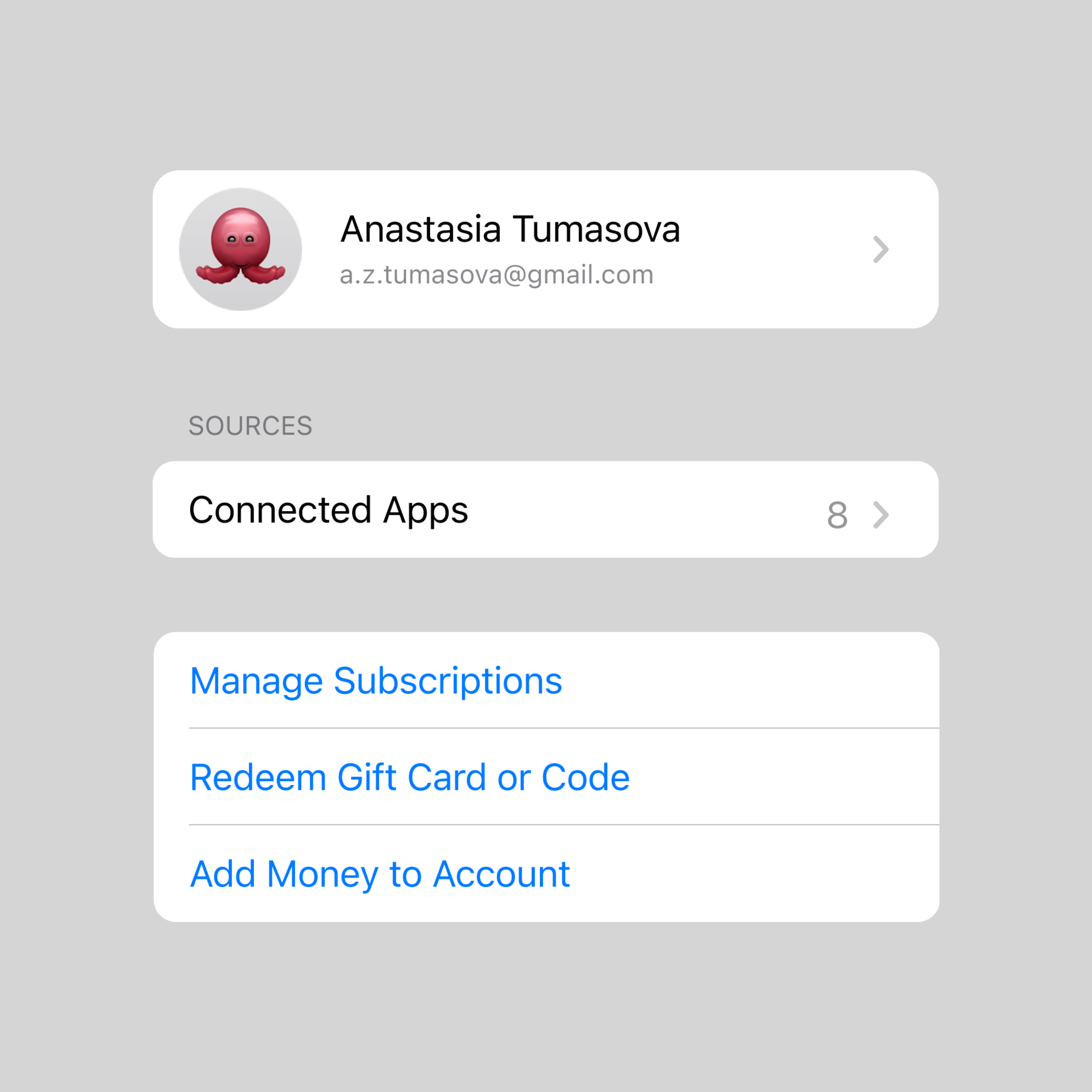 User profile with octopus avatar, Anastasia Tumasova's account and options for connected apps and subscriptions.