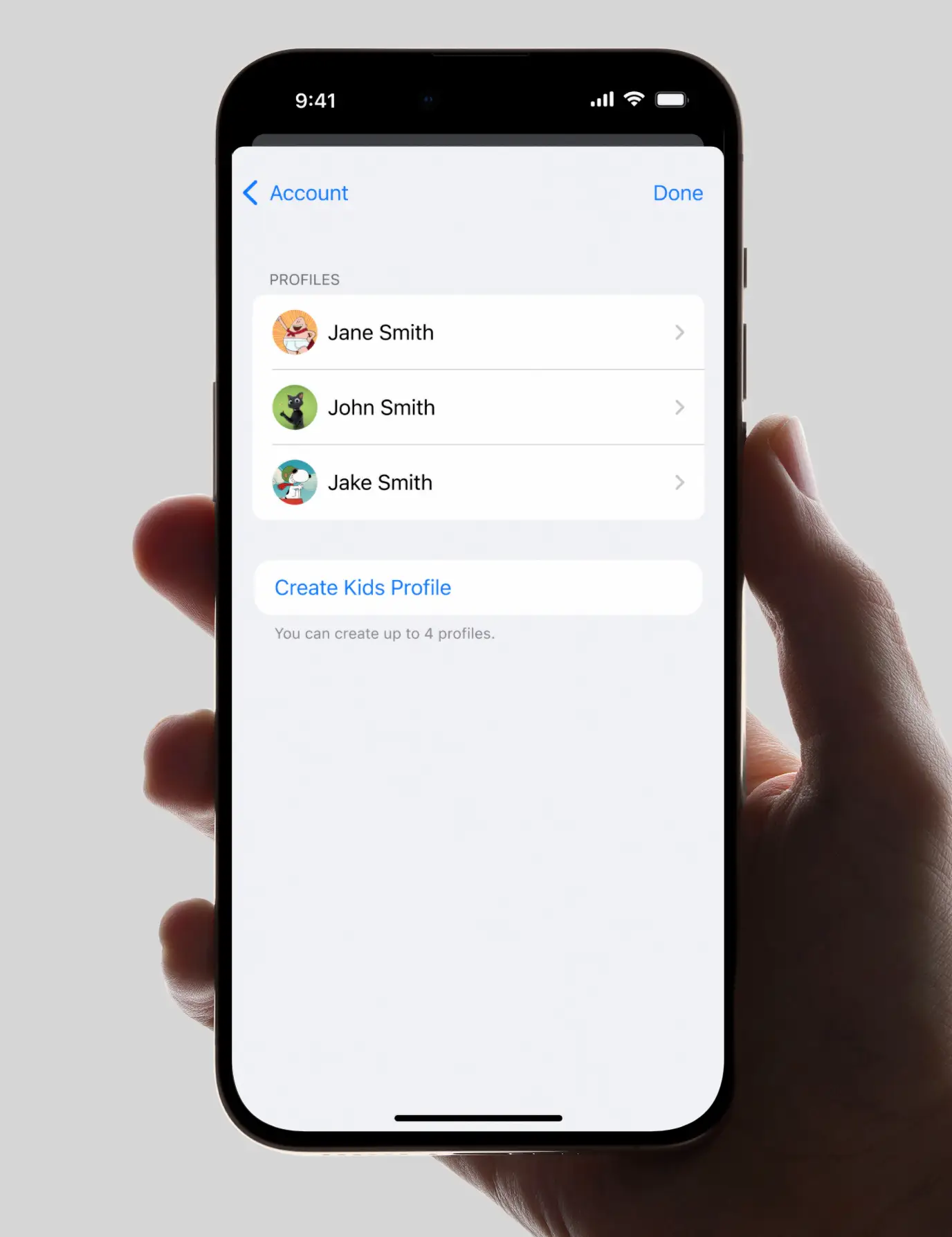 Phone screen showing profiles for Jane, John, and Jake Smith with option to create kids profile.