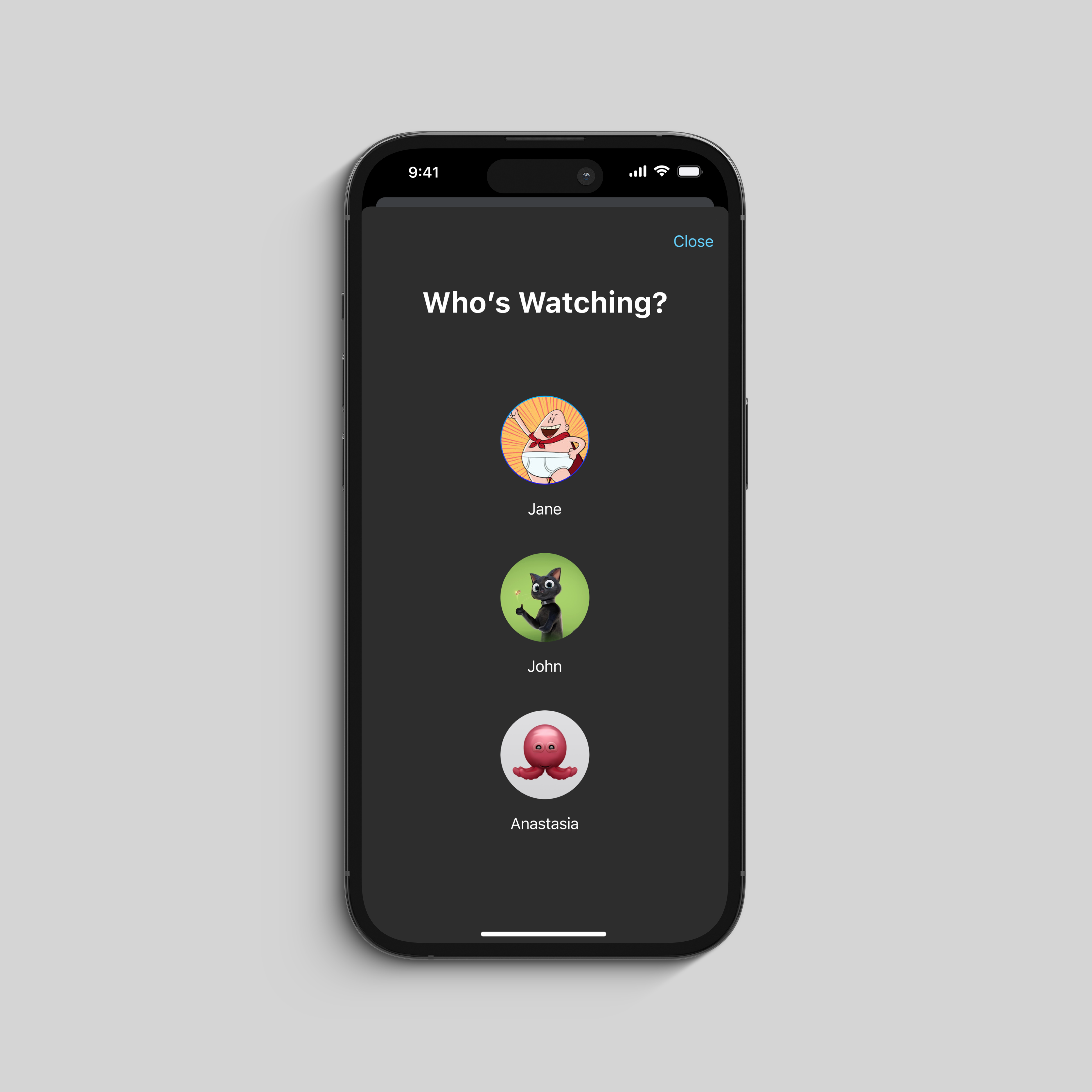 Mobile screen showing a 'Who’s Watching?' prompt with profiles Jane, John, and Anastasia with cartoon icons.