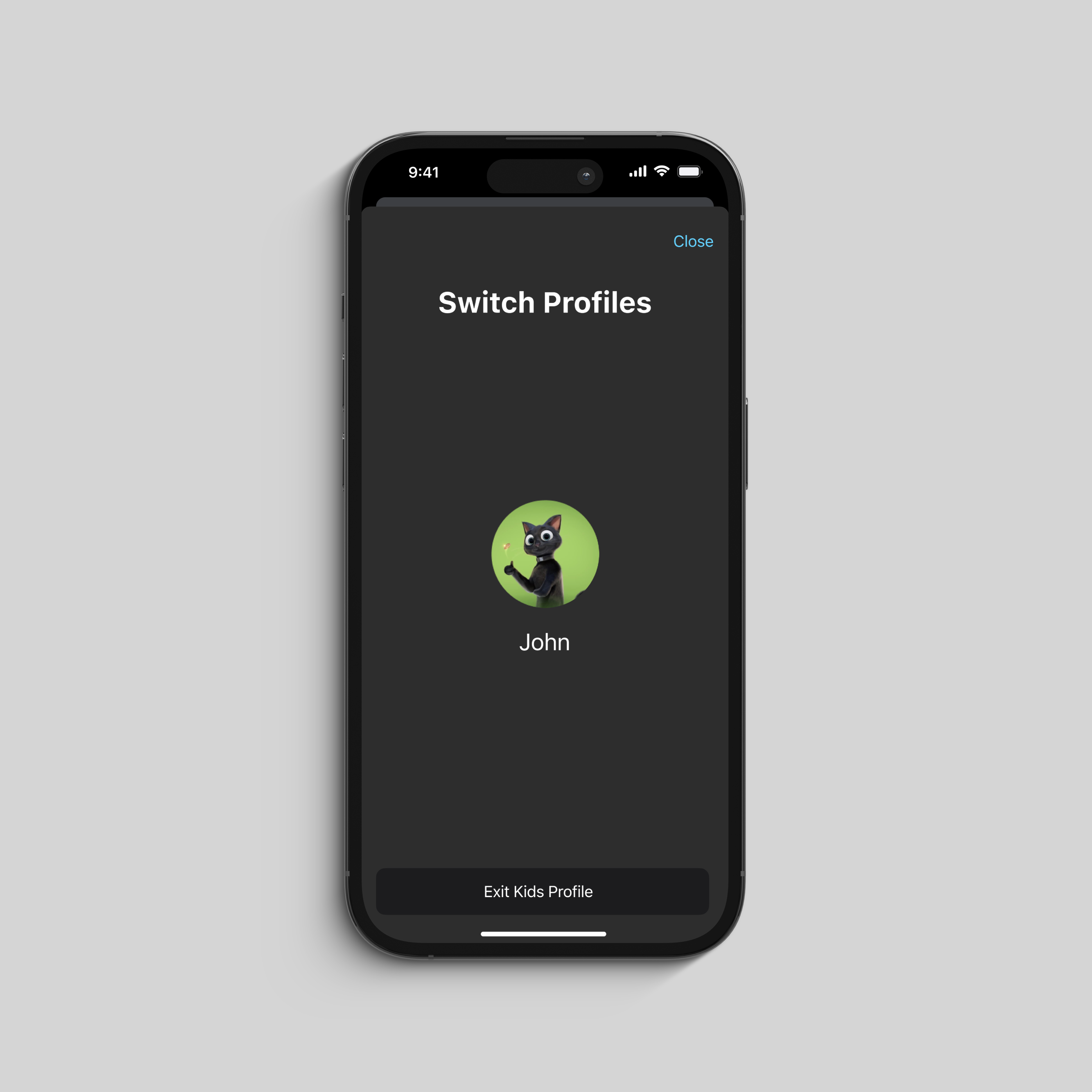 iPhone screen showing a switch profile option with a cat avatar labeled John and Exit Kids Profile button.