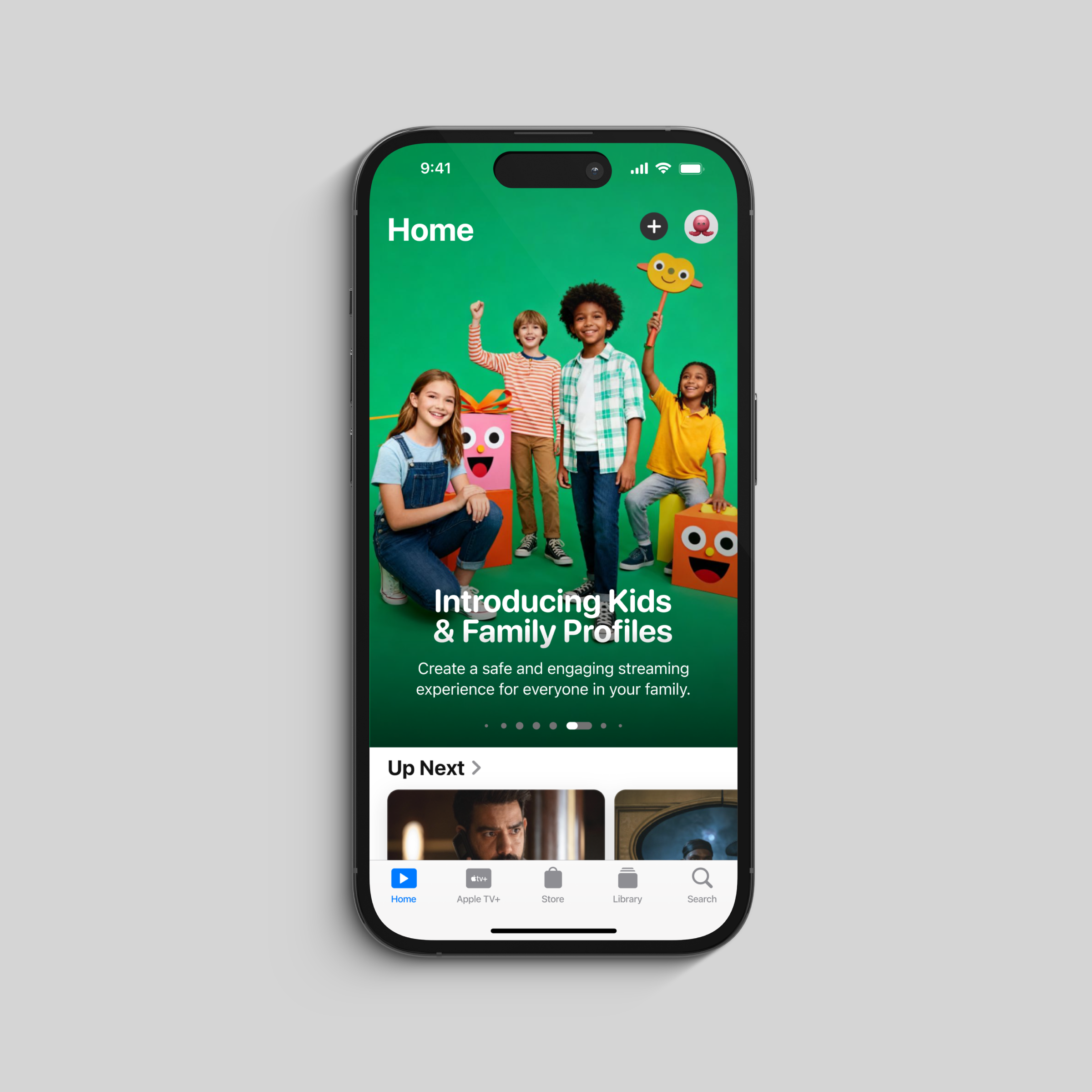Smartphone screen showing Kids & Family Profiles intro with four children smiling on a green background.
