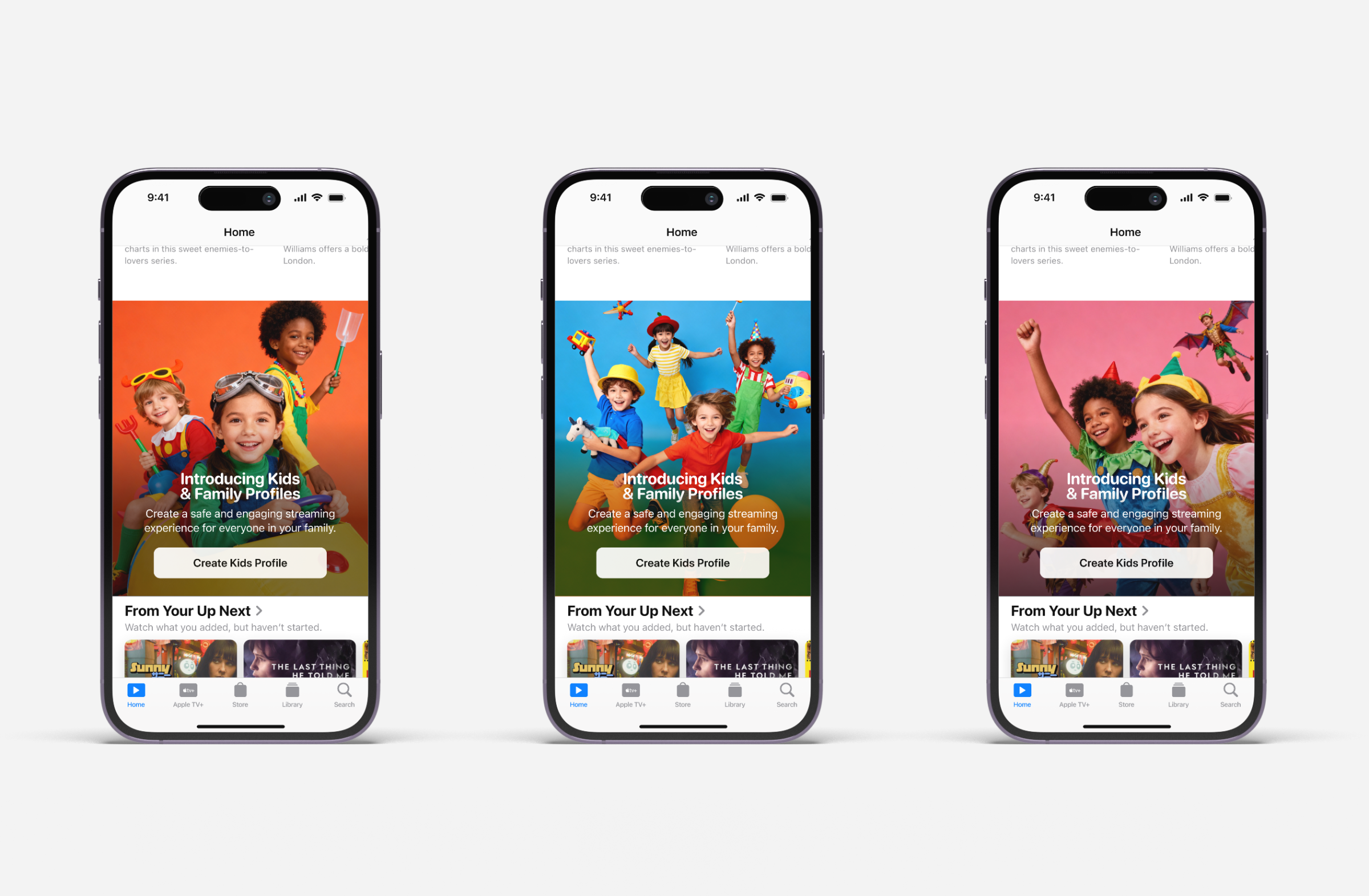 Three phones showing Kids & Family Profiles screens with children in costumes and a create profile button.
