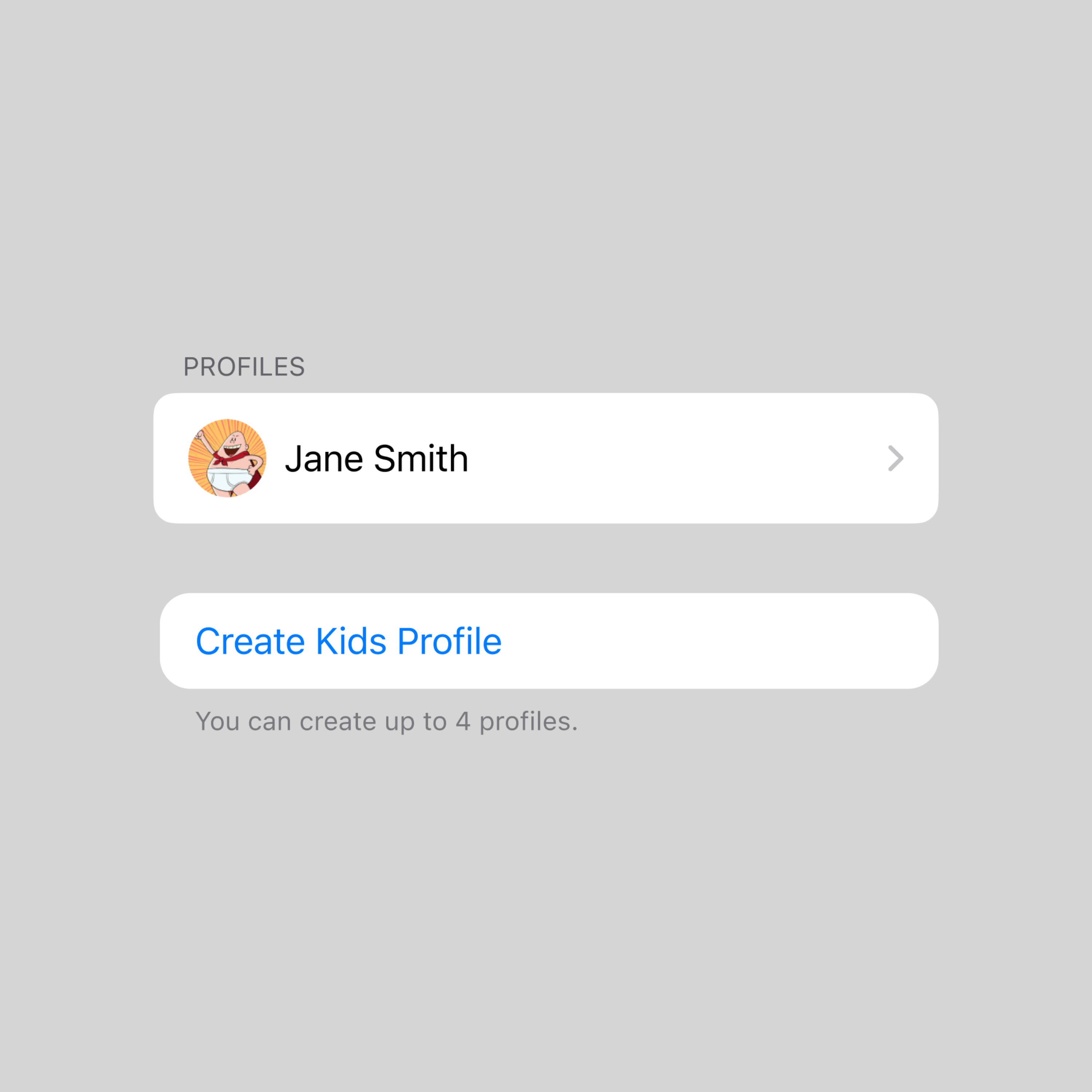 User profile list with one named Jane Smith and an option to create a kids profile.