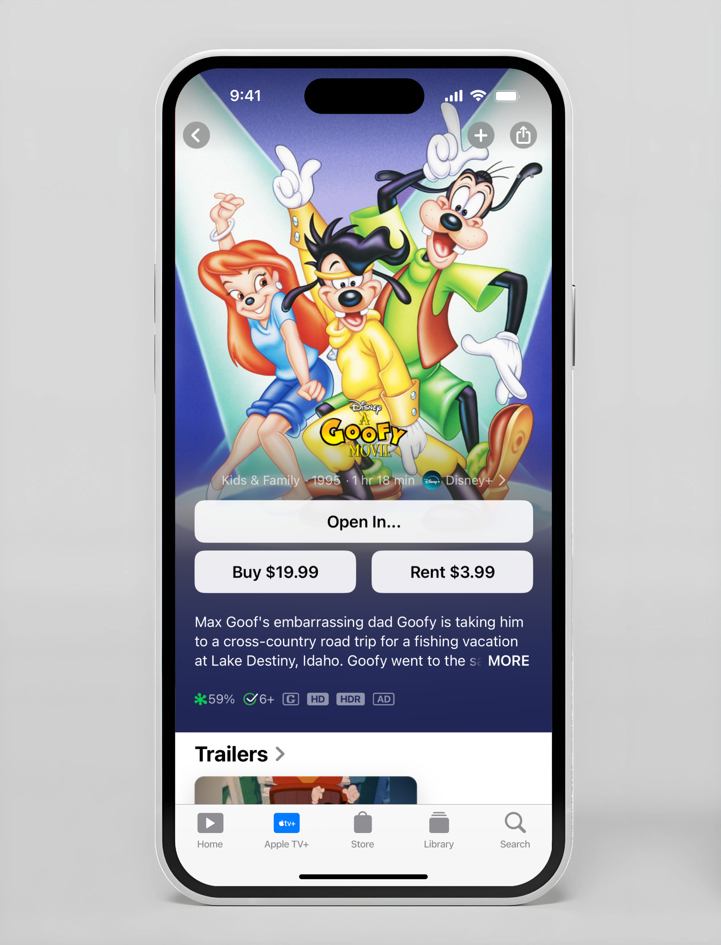 iPhone showing Disney's A Goofy Movie page with buy and rent options and movie description.