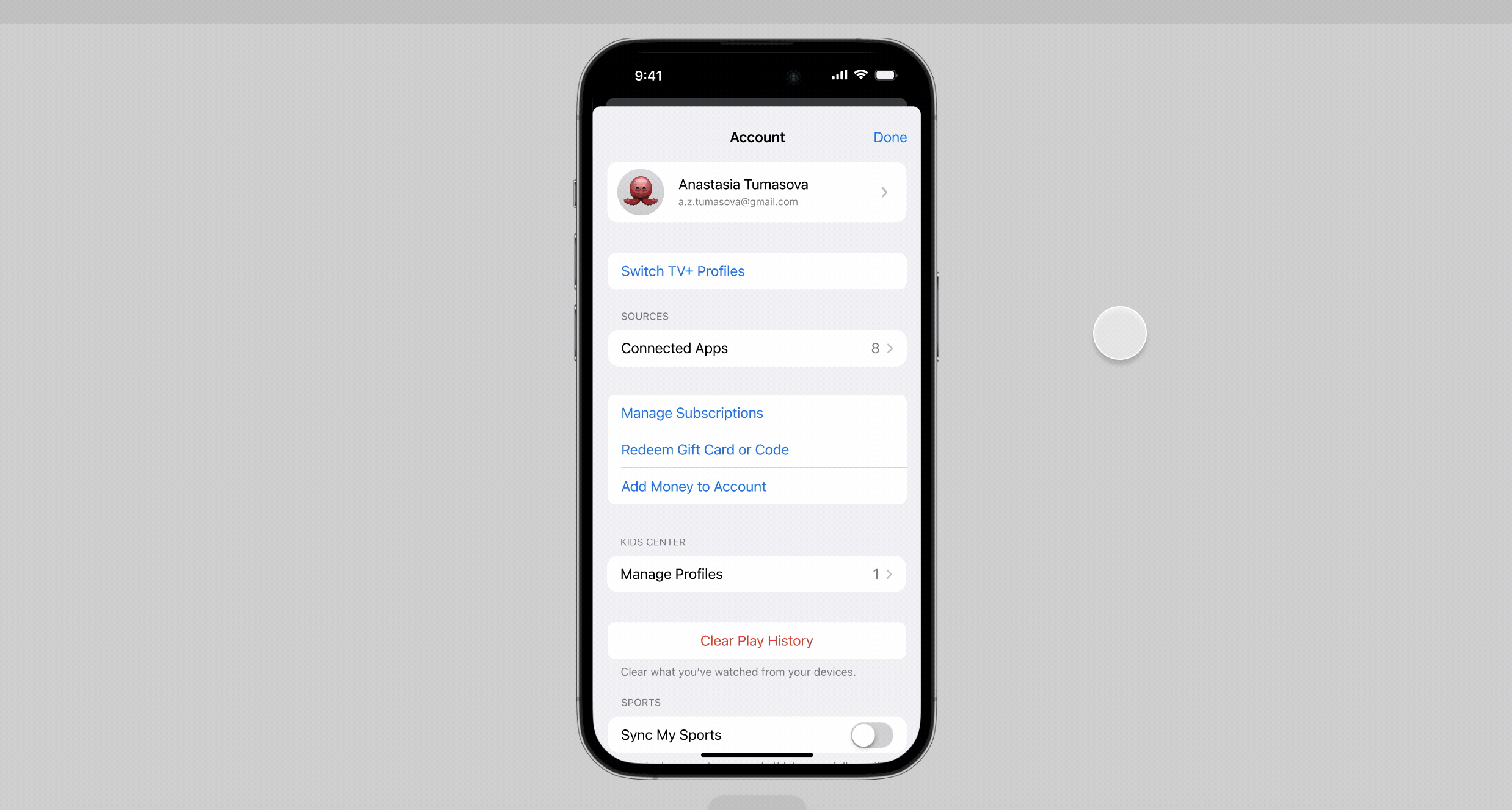 Smartphone screen showing account settings with subscription and profile management options.