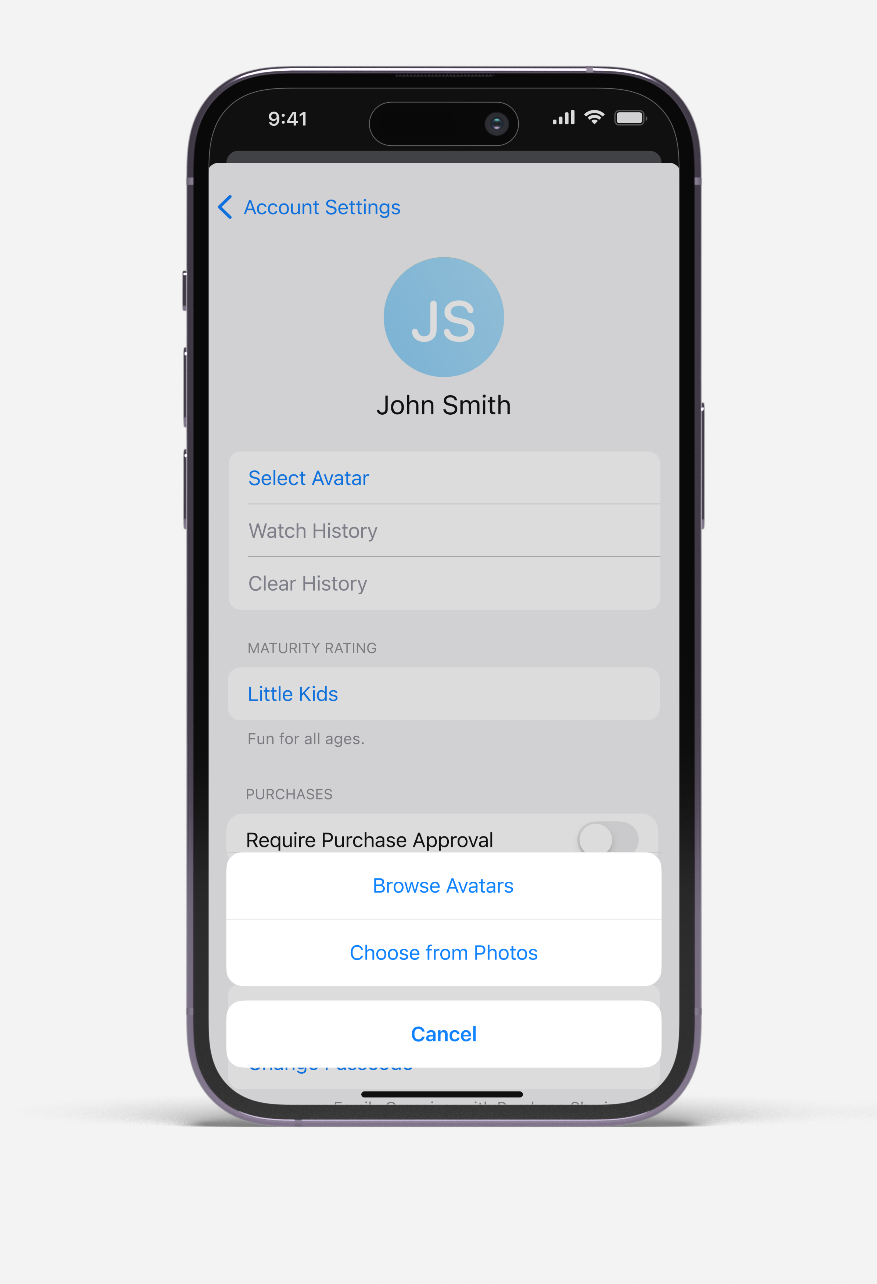iPhone screen showing account settings for John Smith with avatar options and maturity rating for little kids.
