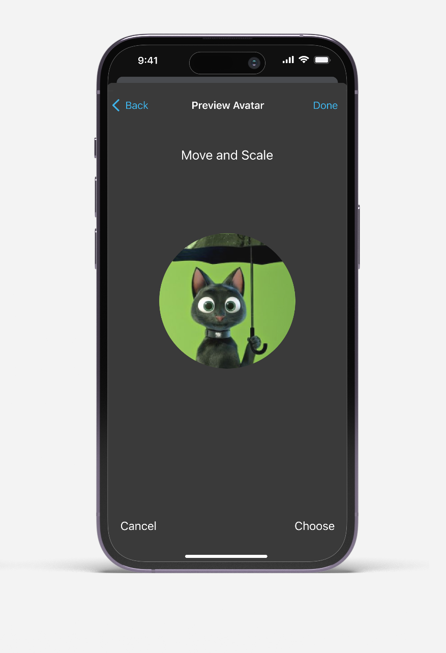 Smartphone screen showing a black cat avatar holding an umbrella on a green background in avatar preview mode.