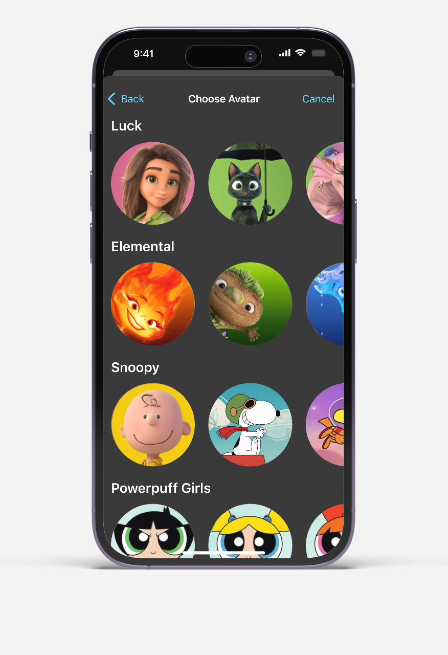 Smartphone screen showing avatar choices from Luck, Elemental, Snoopy, and Powerpuff Girls.
