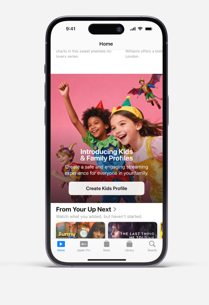 Mobile screen showing Apple TV app feature for Kids & Family Profiles with kids in costume and Create Kids Profile button.